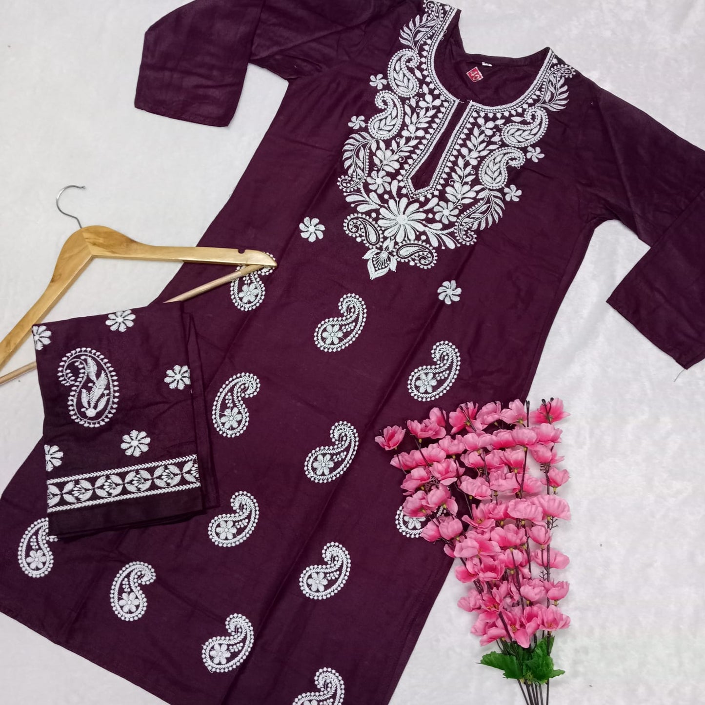Rayon Chikankari Machine Work Kurti Plazo Set- Wine Colour - Chikankaar