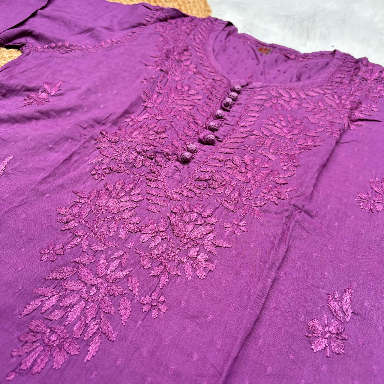 Adaah Ombre Shaded Dobby Cotton Chikankari Kurti - Wine - Chikankaar