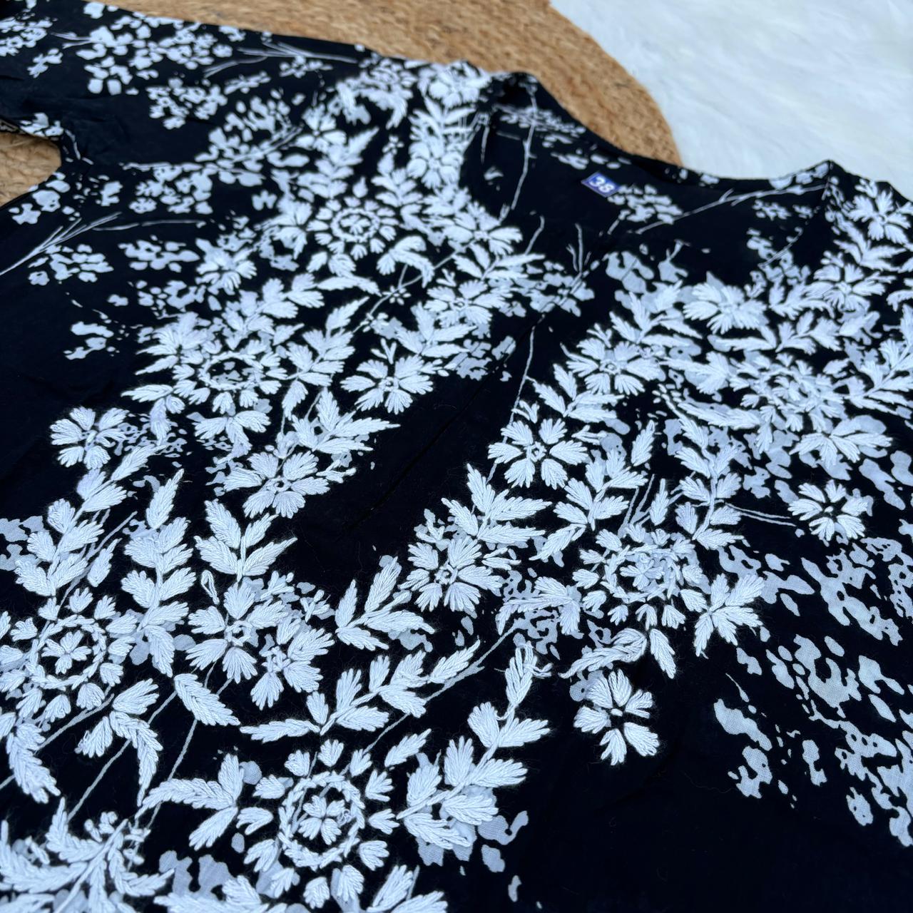 Mahira Sharma Inspired Pure Mulmul Printed Chikankari Handwork Kurti - Black Colour - Chikankaar