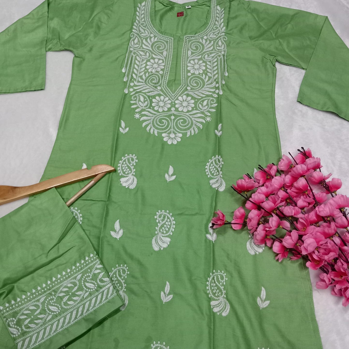Rayon Chikankari Machine Work Kurti Plazo Set- Green Colour - Chikankaar