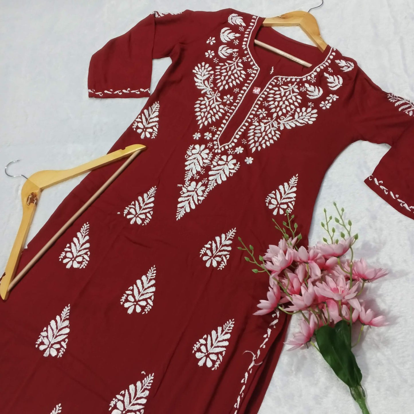 Pure Modal Chikankari Kurti -Red Colour - Chikankaar