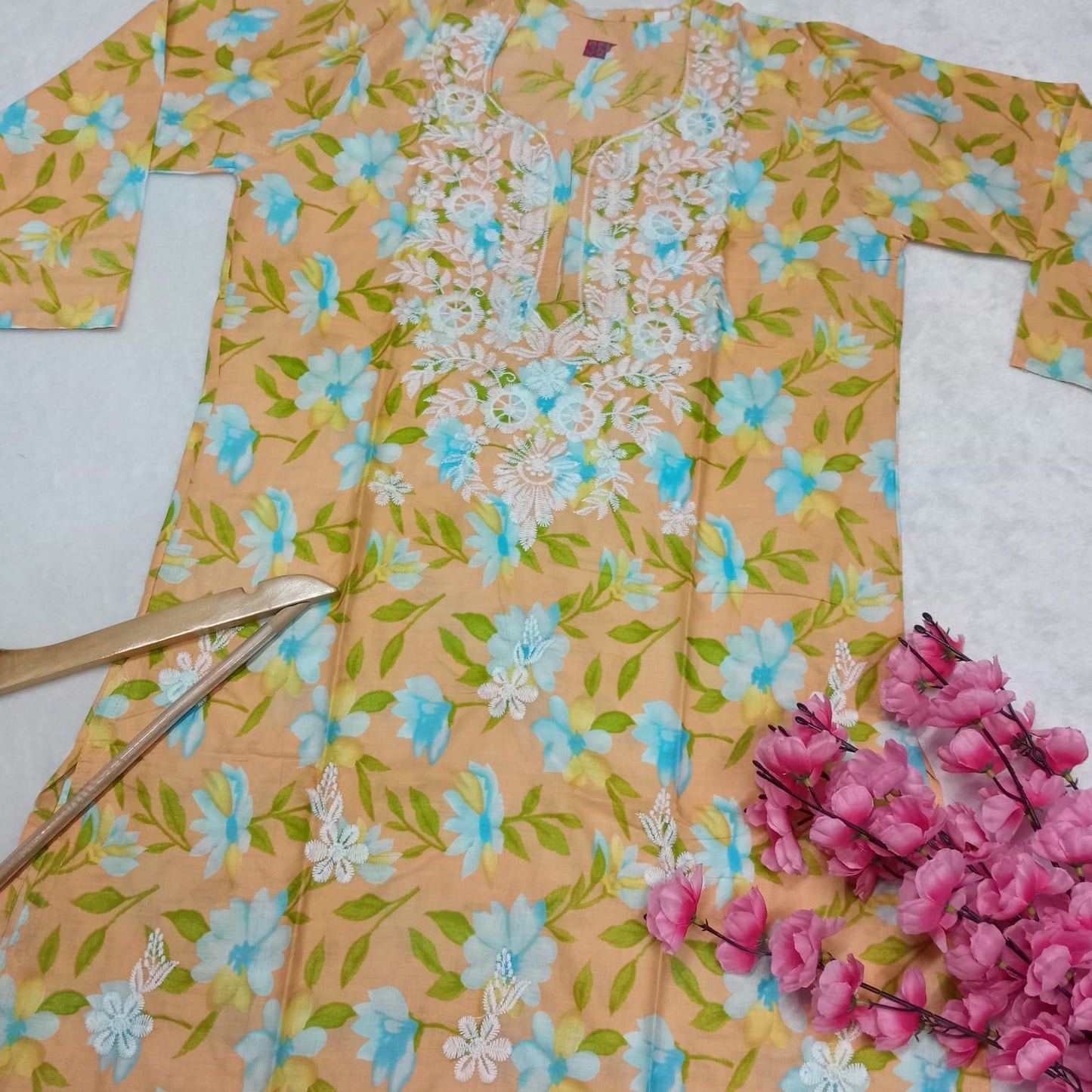 Mulmul Cotton Chikankari Machine Work Kurti -Peach Colour - Chikankaar