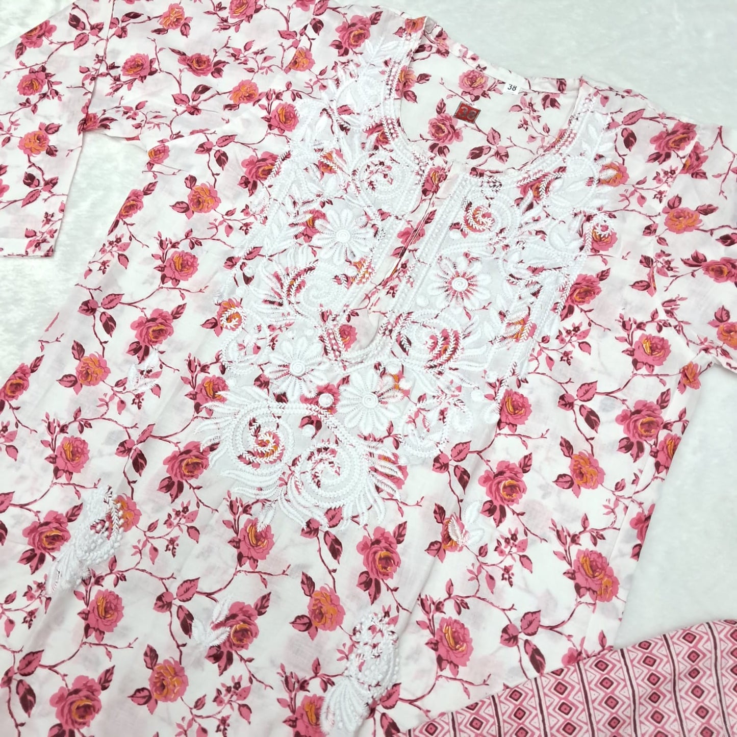 Printed Cotton Chikankari Machine Work Kurti Plazo Set - Red Colour. - Chikankaar