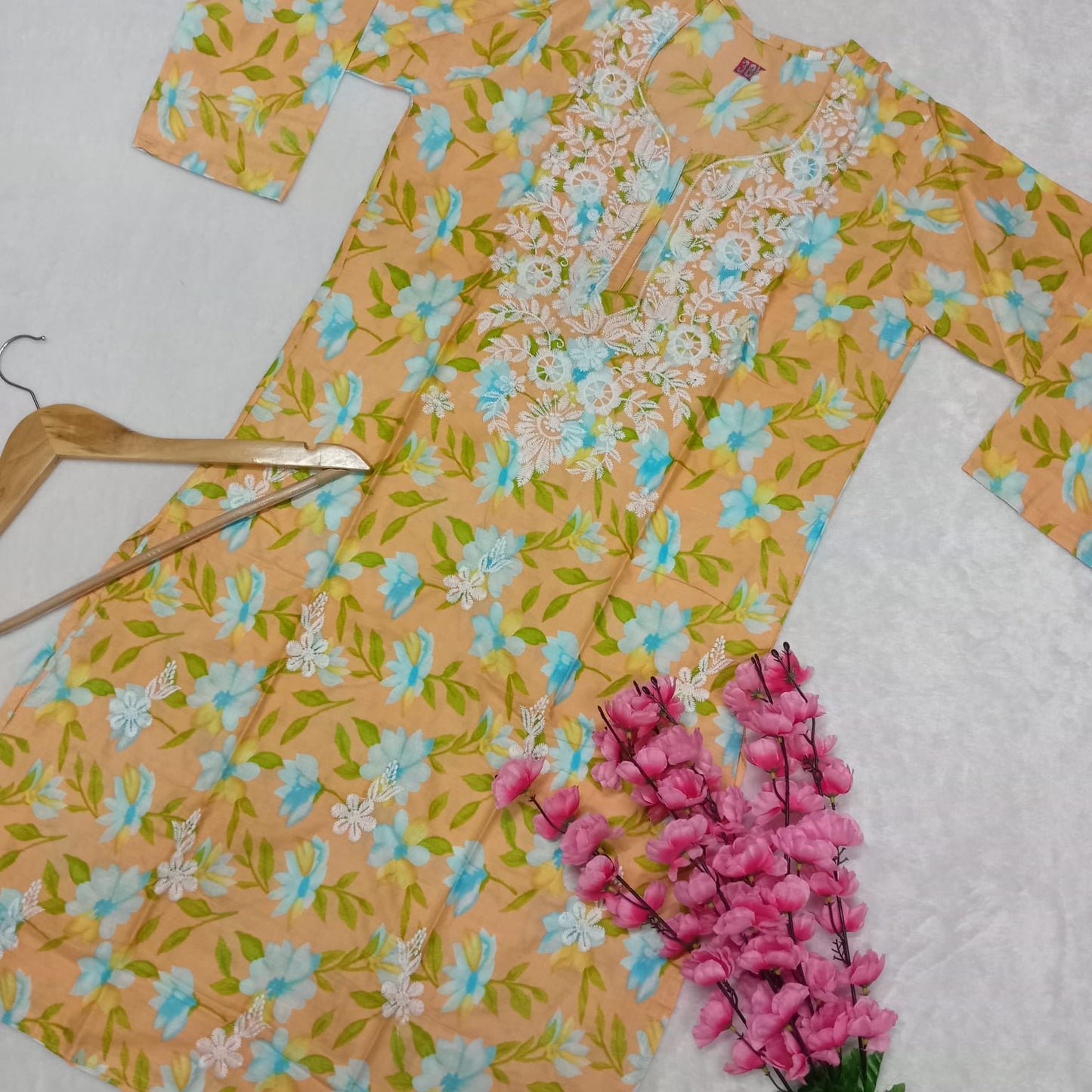 Mulmul Cotton Chikankari Machine Work Kurti -Peach Colour - Chikankaar