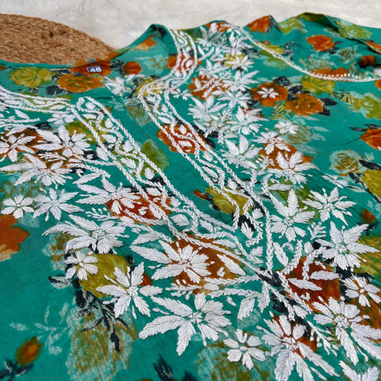 Plus size special-Dhanashree Inspired Mulmul Floral Printed Chikankari Handwork Kurti -Sea Green Colour - Chikankaar