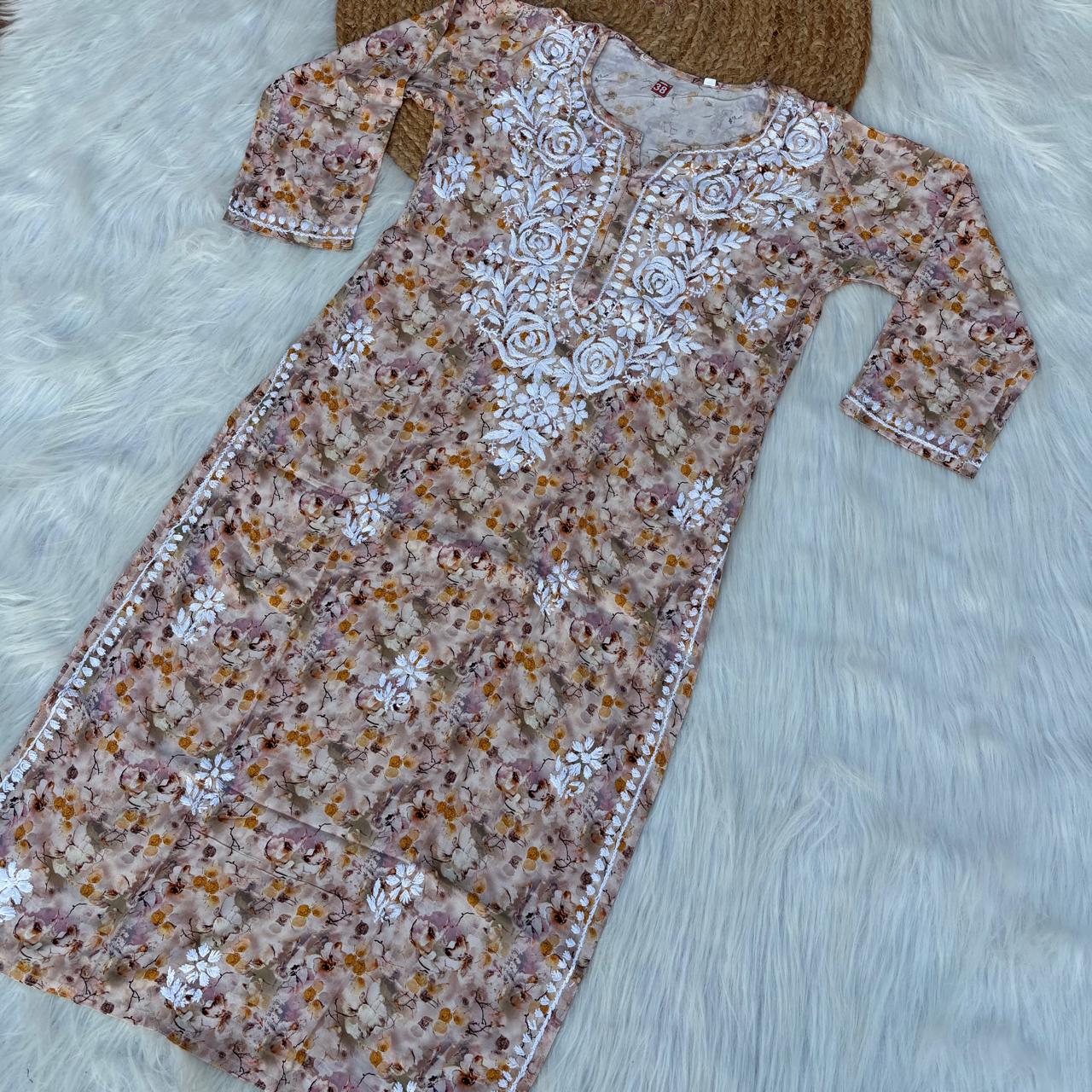 Hina Rayon Rose work Lucknowi Chikankari kurti - Cream Colour