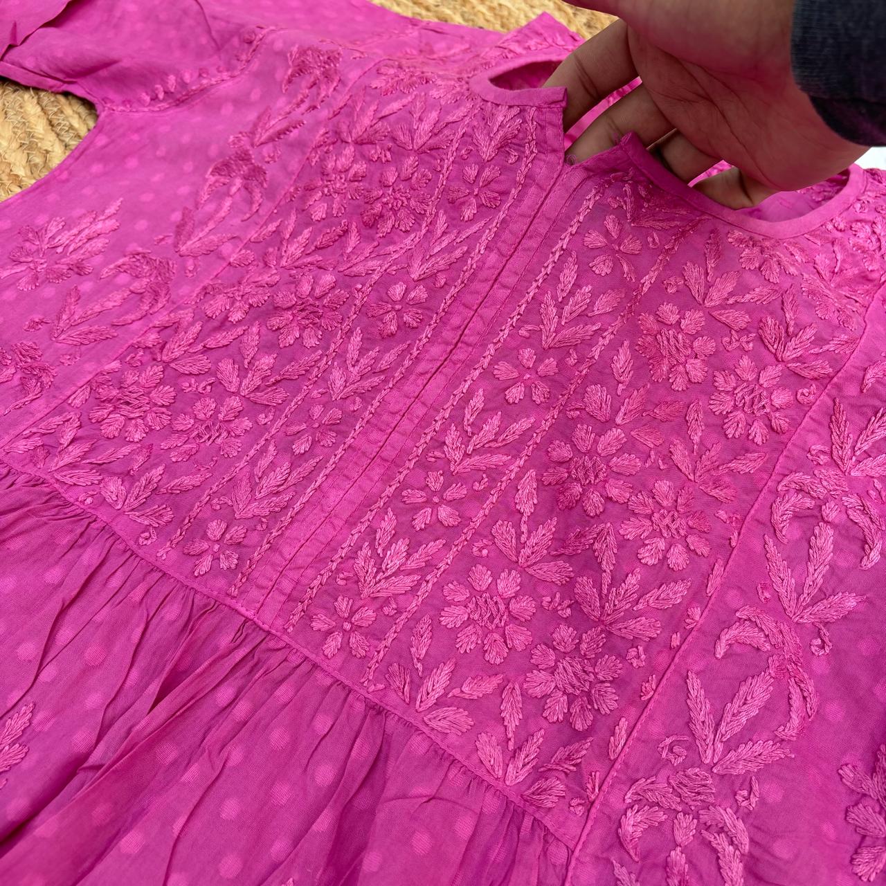 Aliya Dobby Cotton Nyra Cut Chikankari Aline Kurti - Fucshia Colour - Chikankaar