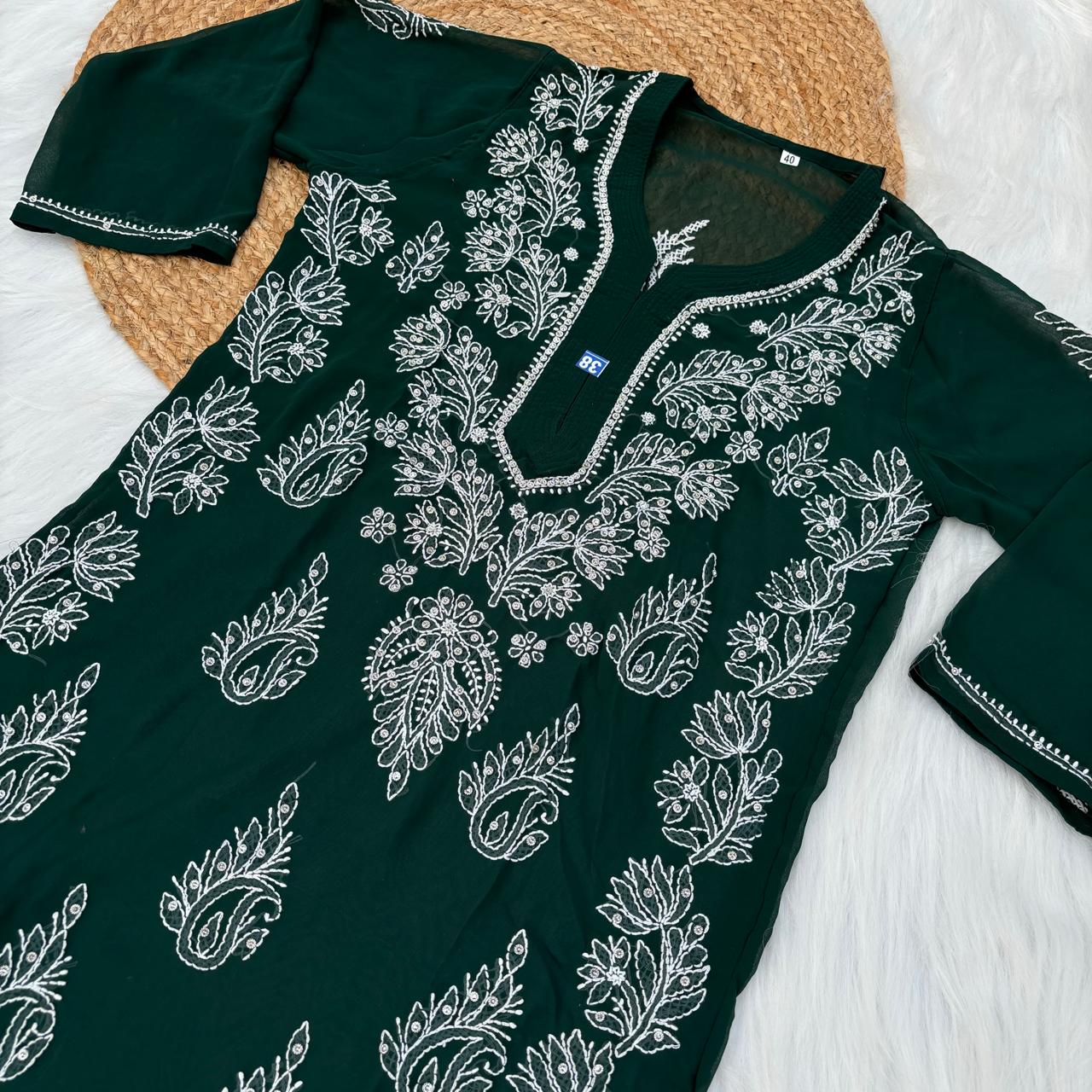 Stone Work Georgette Chikankari Kurti -Dark Green Colour - Chikankaar