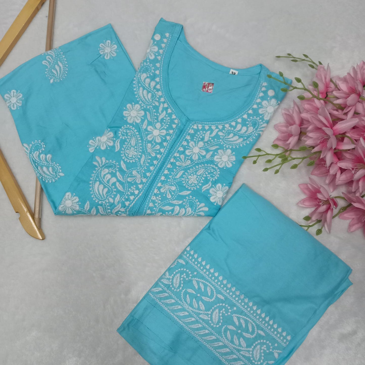 RAYON CHIKANKARI MACHINE WORK KURTI PLAZO SET-SKY BLUE COLOUR - Chikankaar