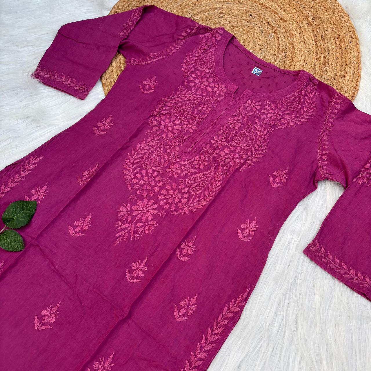 Vani Dobby Cotton Chikankari Kurti - Light Wine Colour
