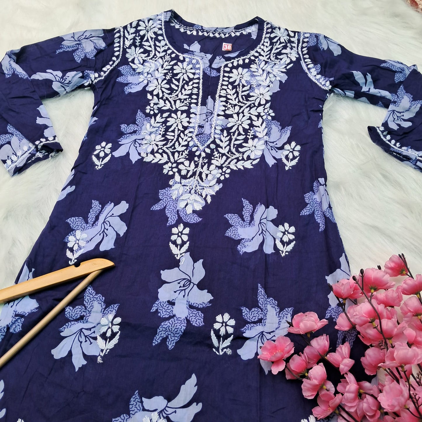Suhana Khan Inspired Pure Mulmul Chikankari Kurti- Navy Blue Colour - Chikankaar