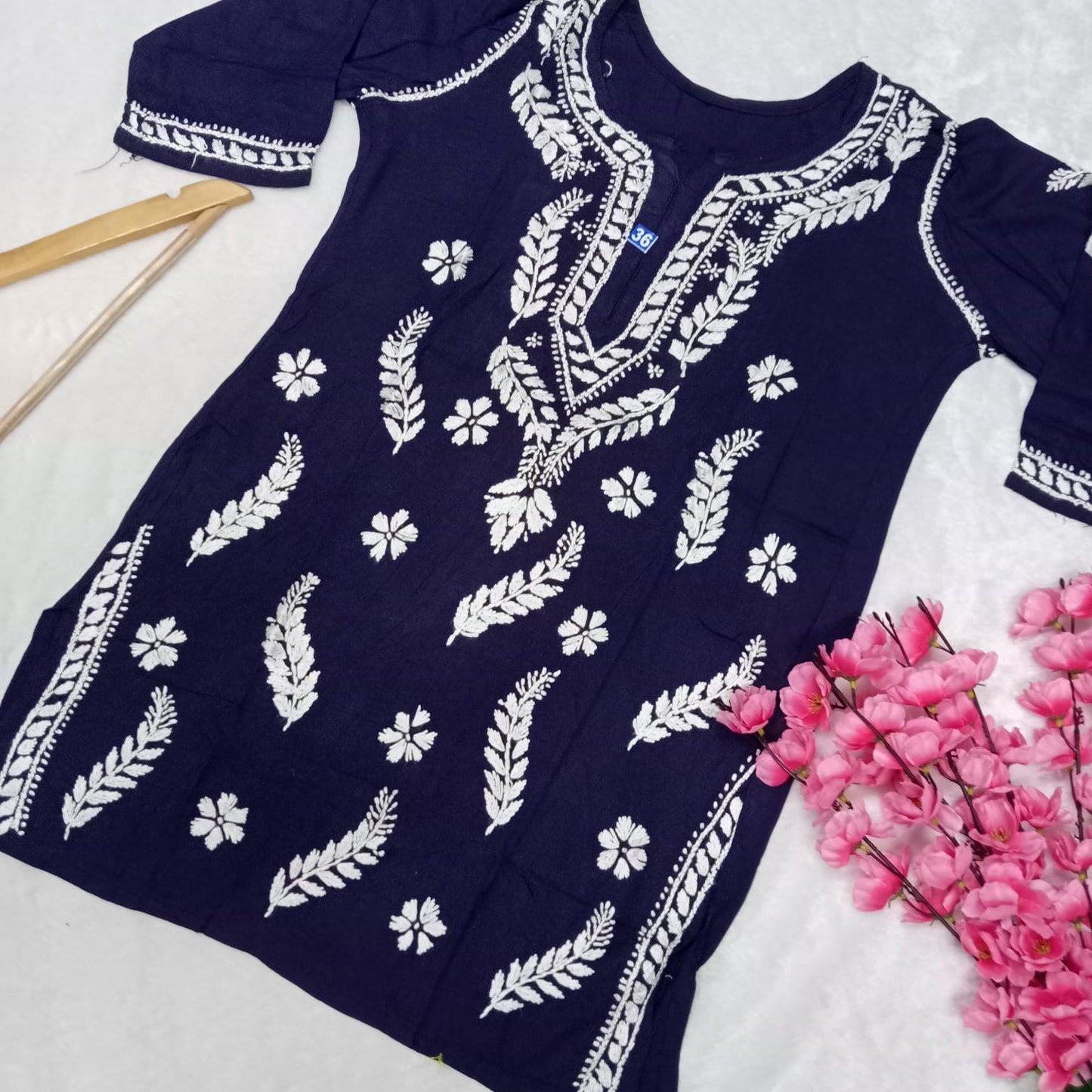 Inaya Rayon Chikankari Handwork Short Kurti -Navy Blue colour - Chikankaar