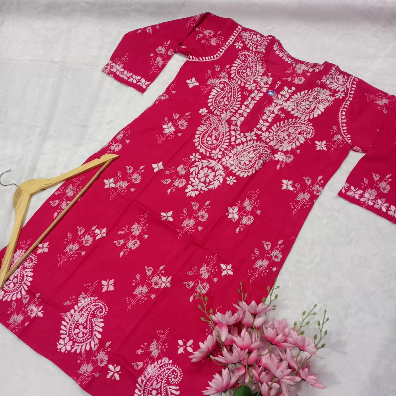 Pure Mulmul Printed Chikankari Kurti-dark Rani Colour - Chikankaar