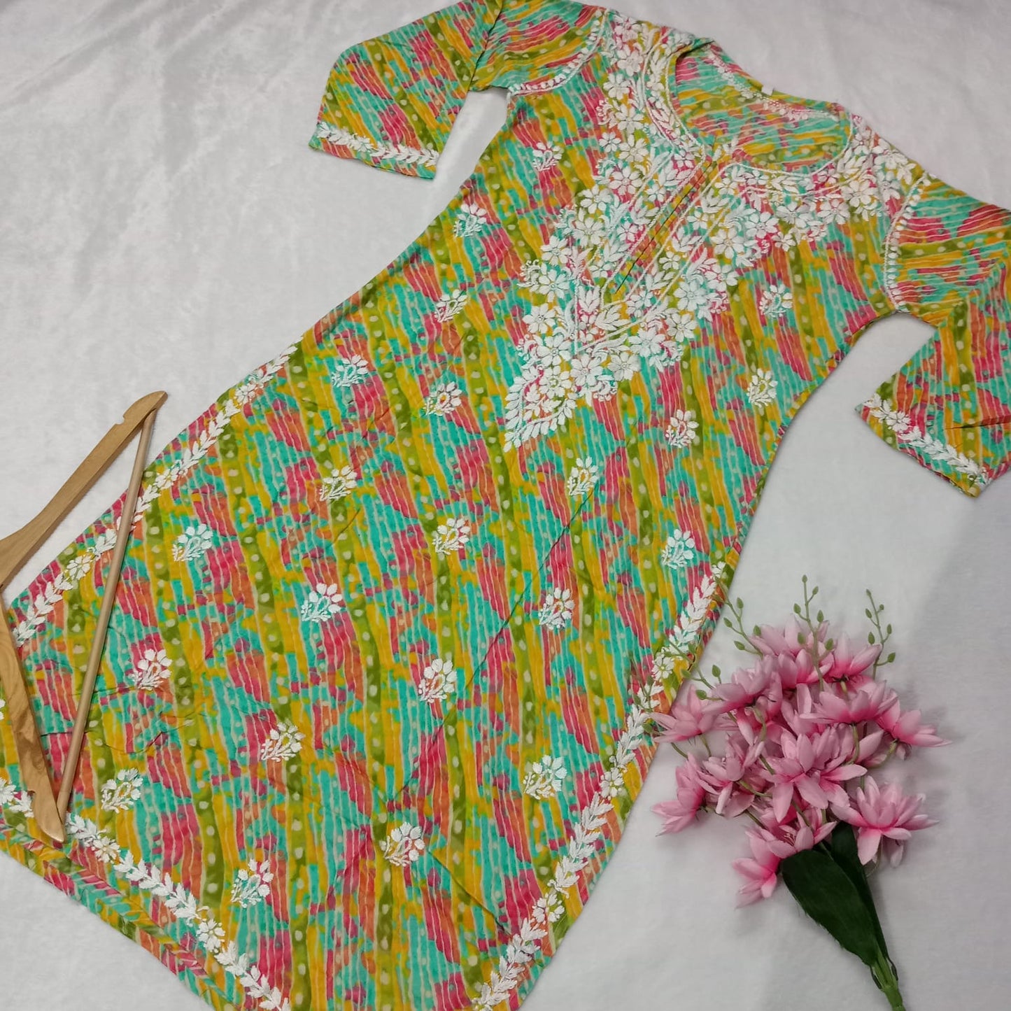 Pure Rayon Multiprinted Chikankari Kurti - Multicolor - Chikankaar