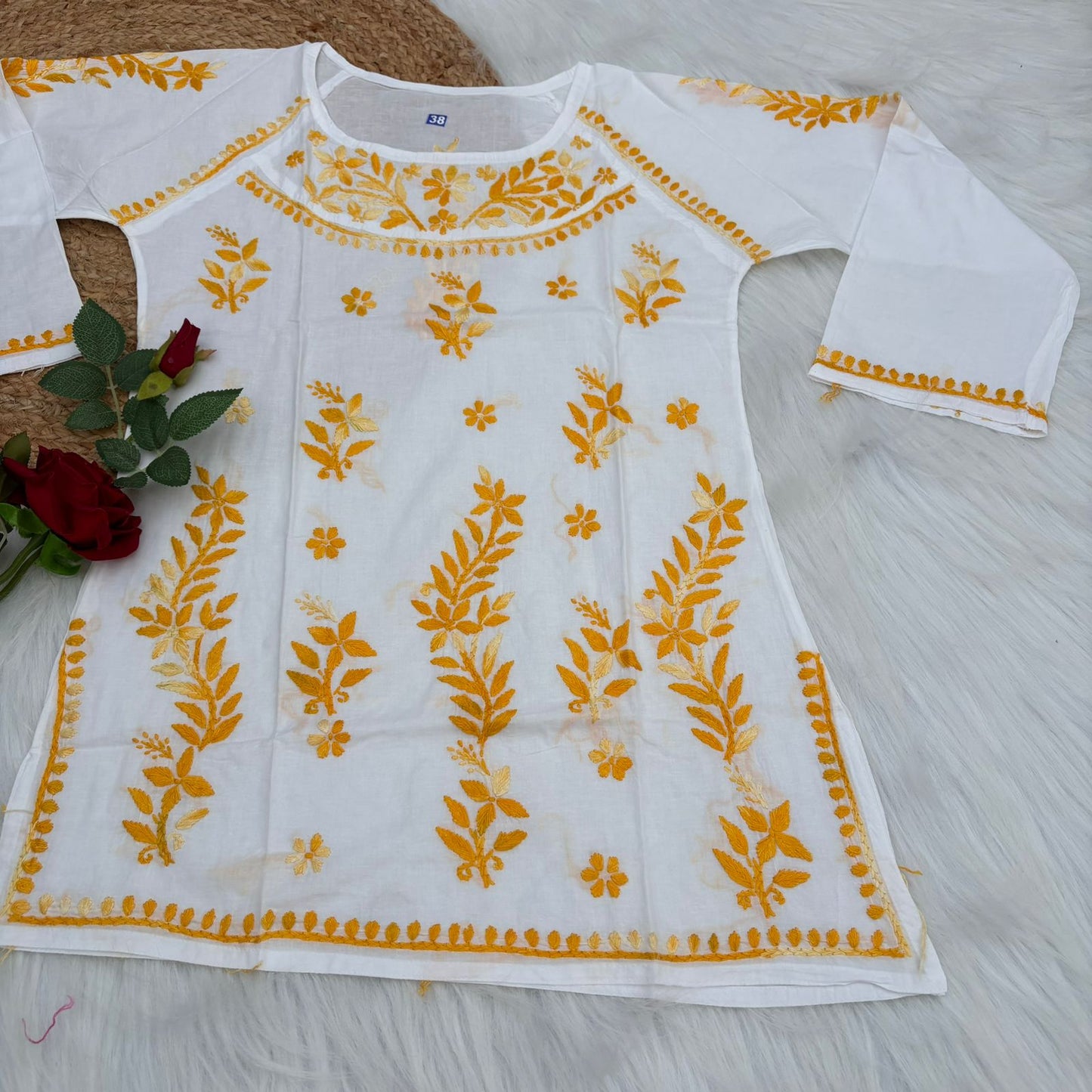 Alia Soft Rayon Chikankari Short Kurti - White Yellow Color - Chikankaar