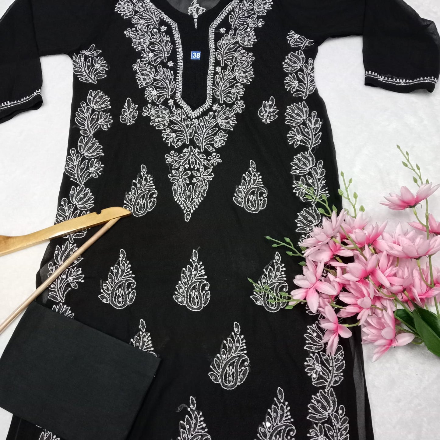 Stone Work Georgette Chikankari Kurti -Black Colour - Chikankaar
