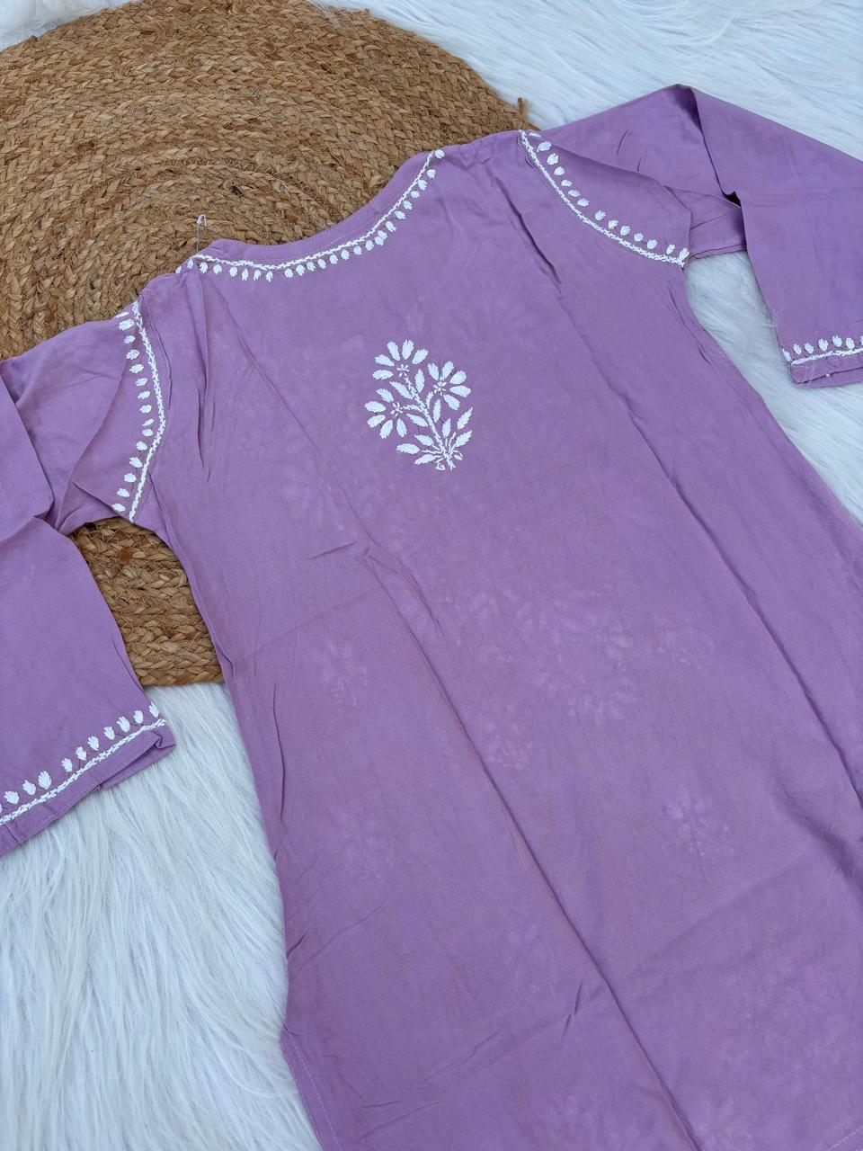Ina Soft Rayon Handwork Chikankari Short Kurti - Mauve Colour