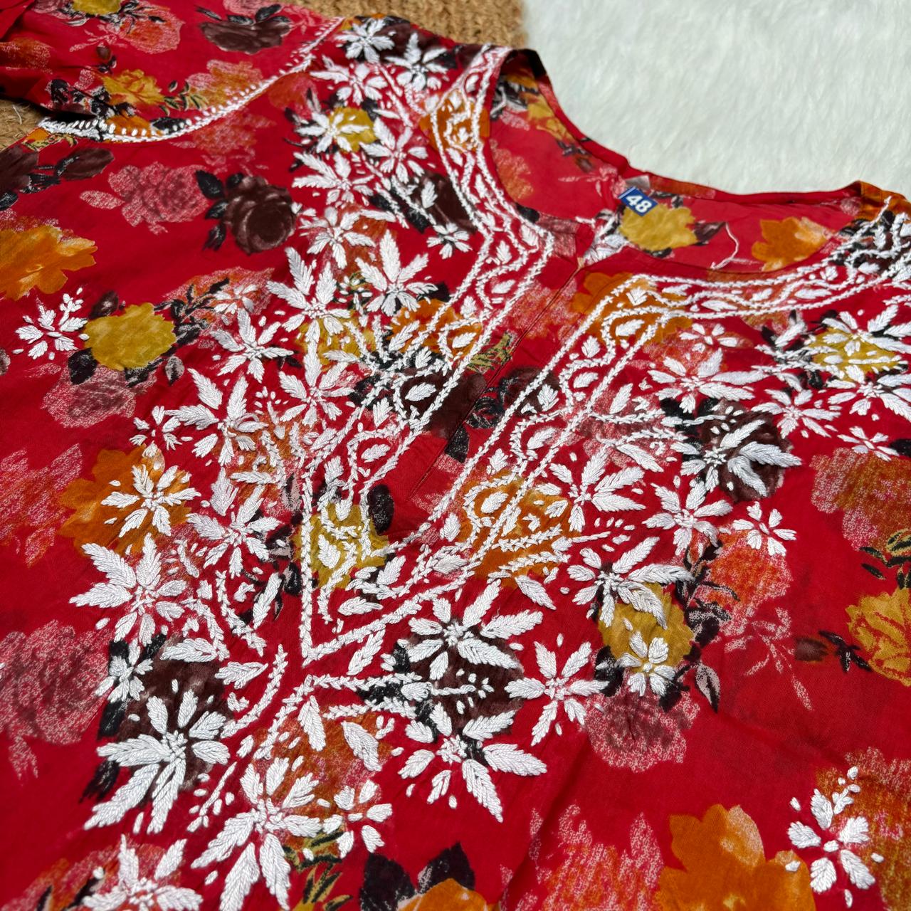 Plus size special-Dhanashree Inspired Mulmul Floral Printed Chikankari Handwork Kurti -Red Colour - Chikankaar