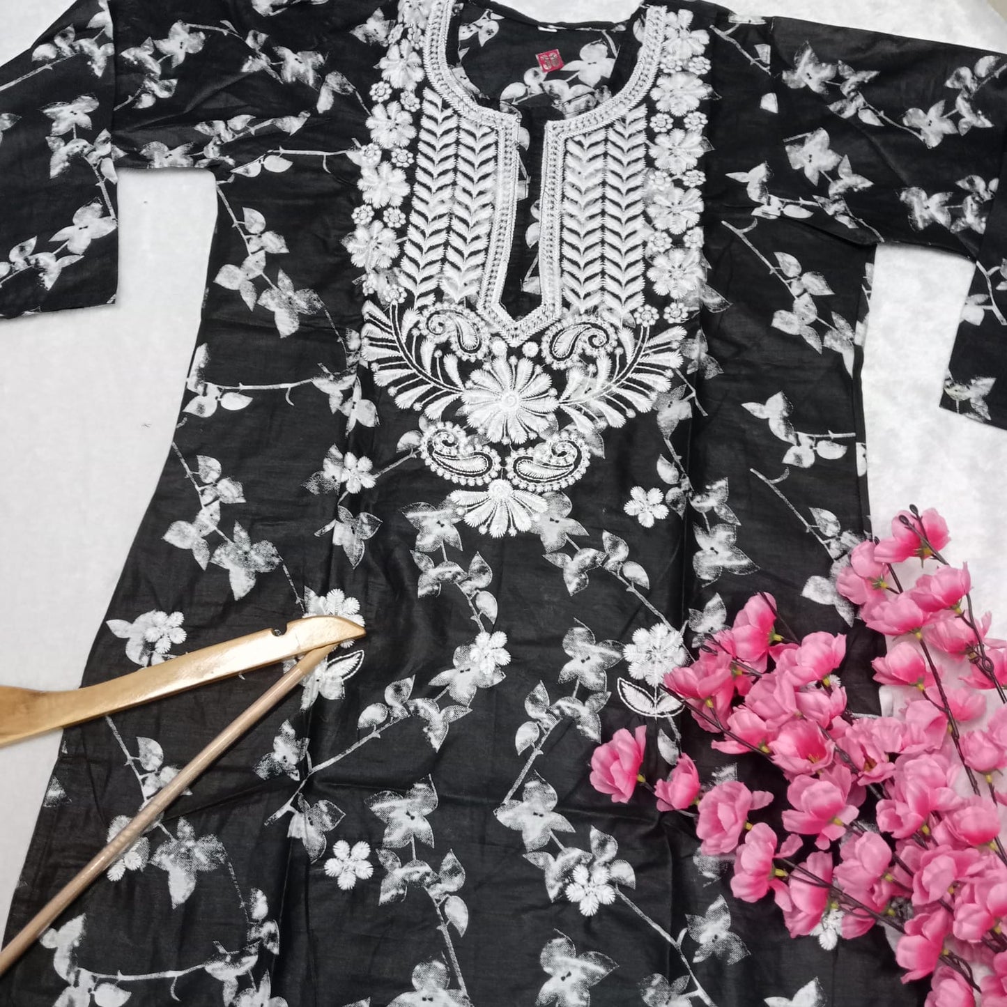 Mulmul Cotton Chikankari Machine Work Kurti - Black Colour - Chikankaar