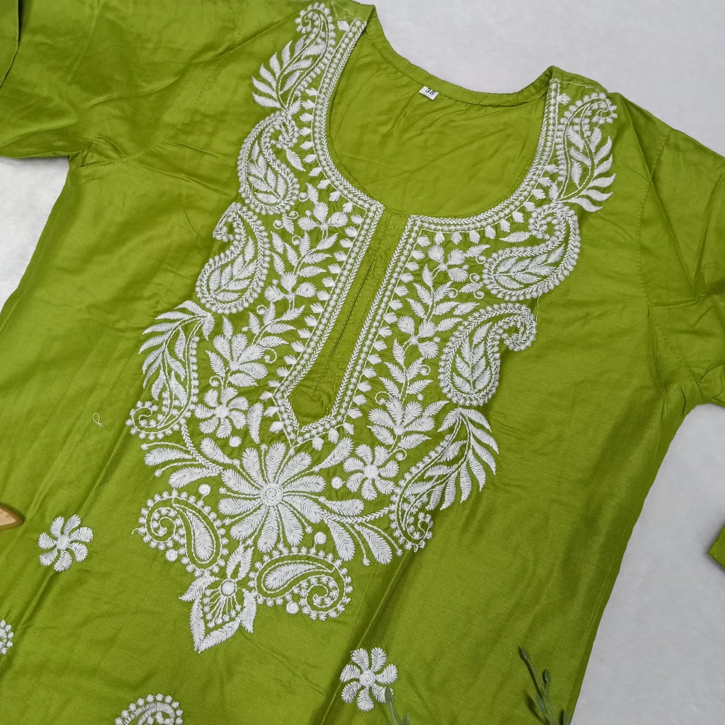 Rayon Chikankari Machine Work Kurti Plazo Set- Parrot Green Colour - Chikankaar