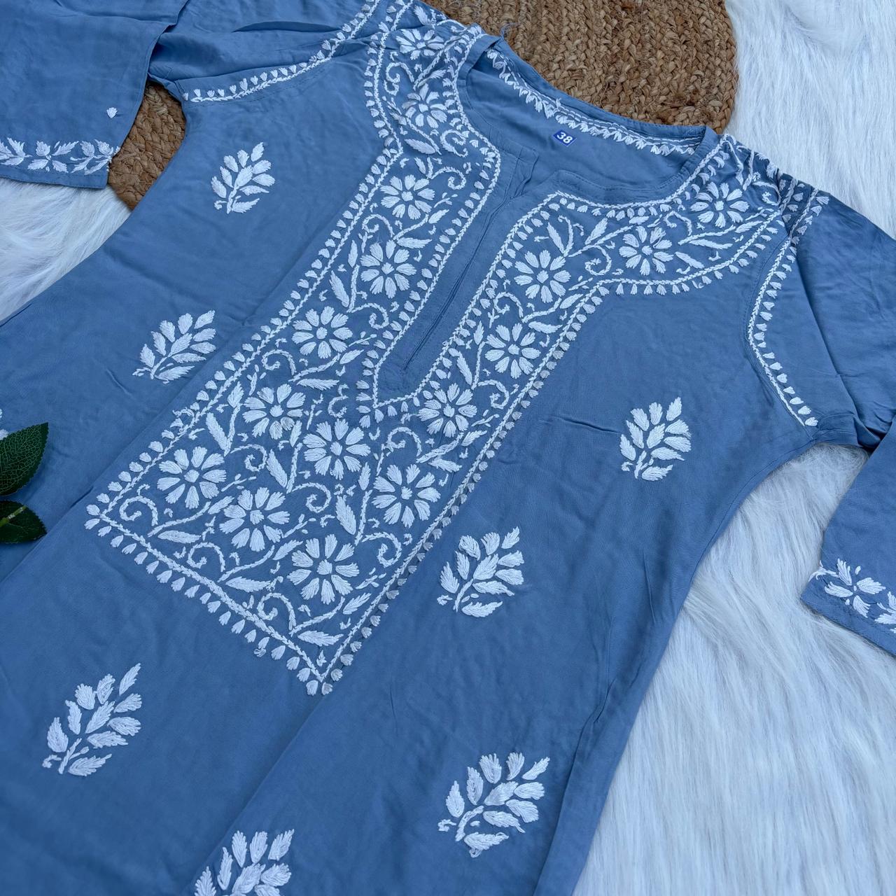 Soft Rayon Chikankari Kurti - Blue Colour