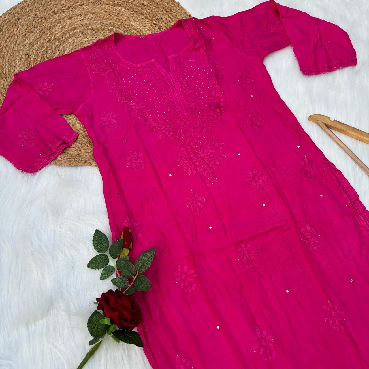 Rakul Preet Inspired Chikankari Muslin Kurti with Mukaish Work - Rani Colour - Chikankaar