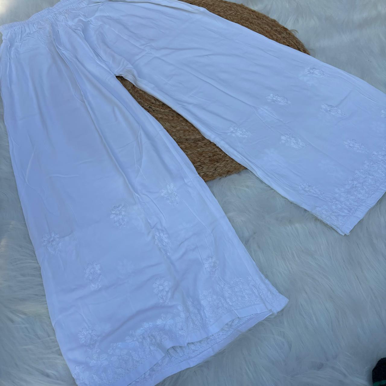 Aliza Soft Rayon Chikankari Plazo - White Color - Chikankaar