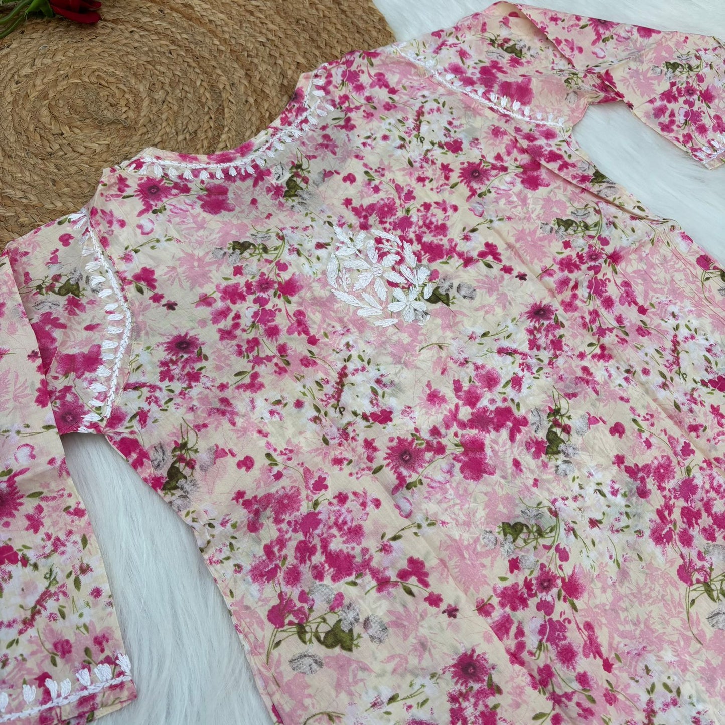 Nura Pure Mulmul Cotton Short Kurti - Pink Colour - Chikankaar