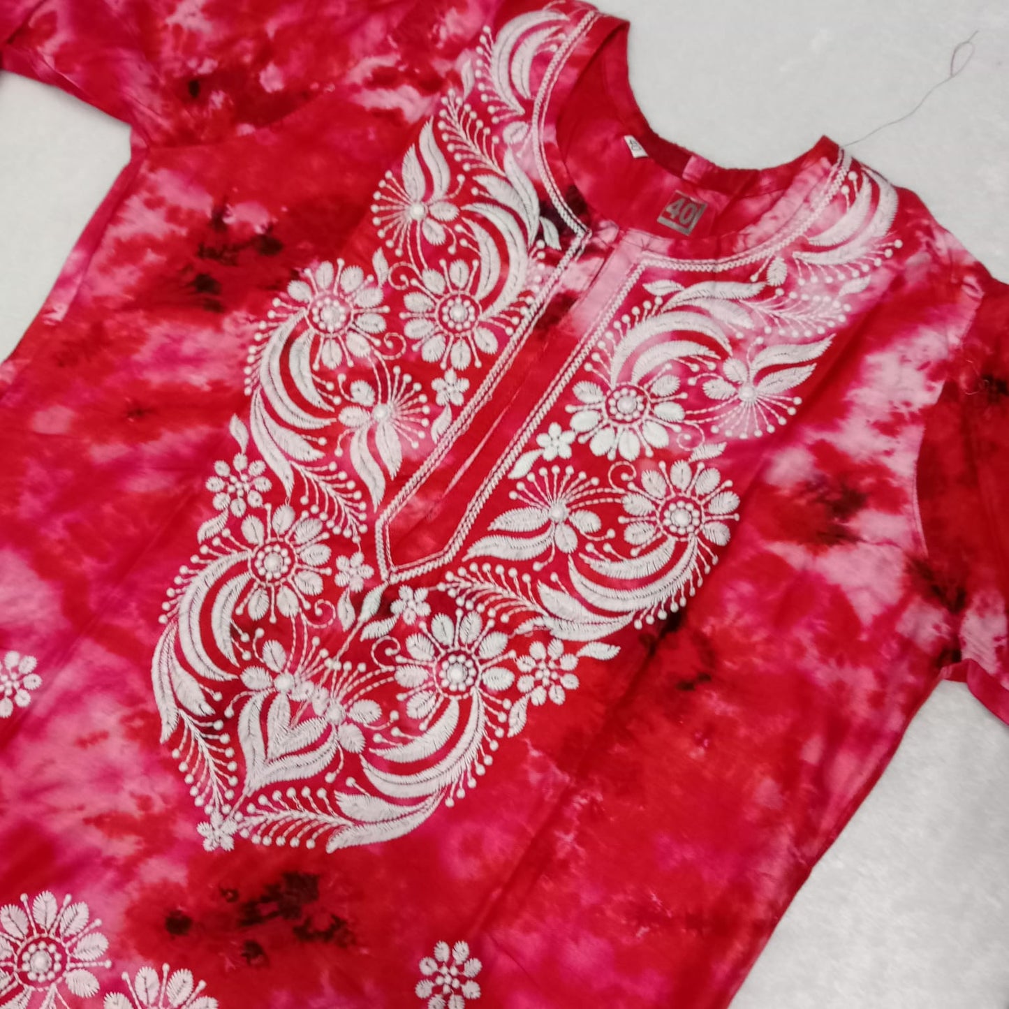 RAYON TIE & DYE CHIKANKARI MACHINE WORK KURTI -RED COLOR - Chikankaar