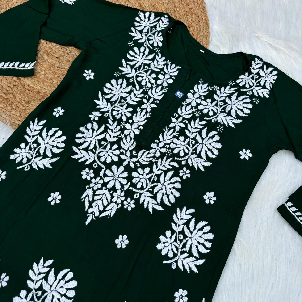 Jannat Soft Rayon Chikankari Kurti Plazo Set - Dark Green colour - Chikankaar
