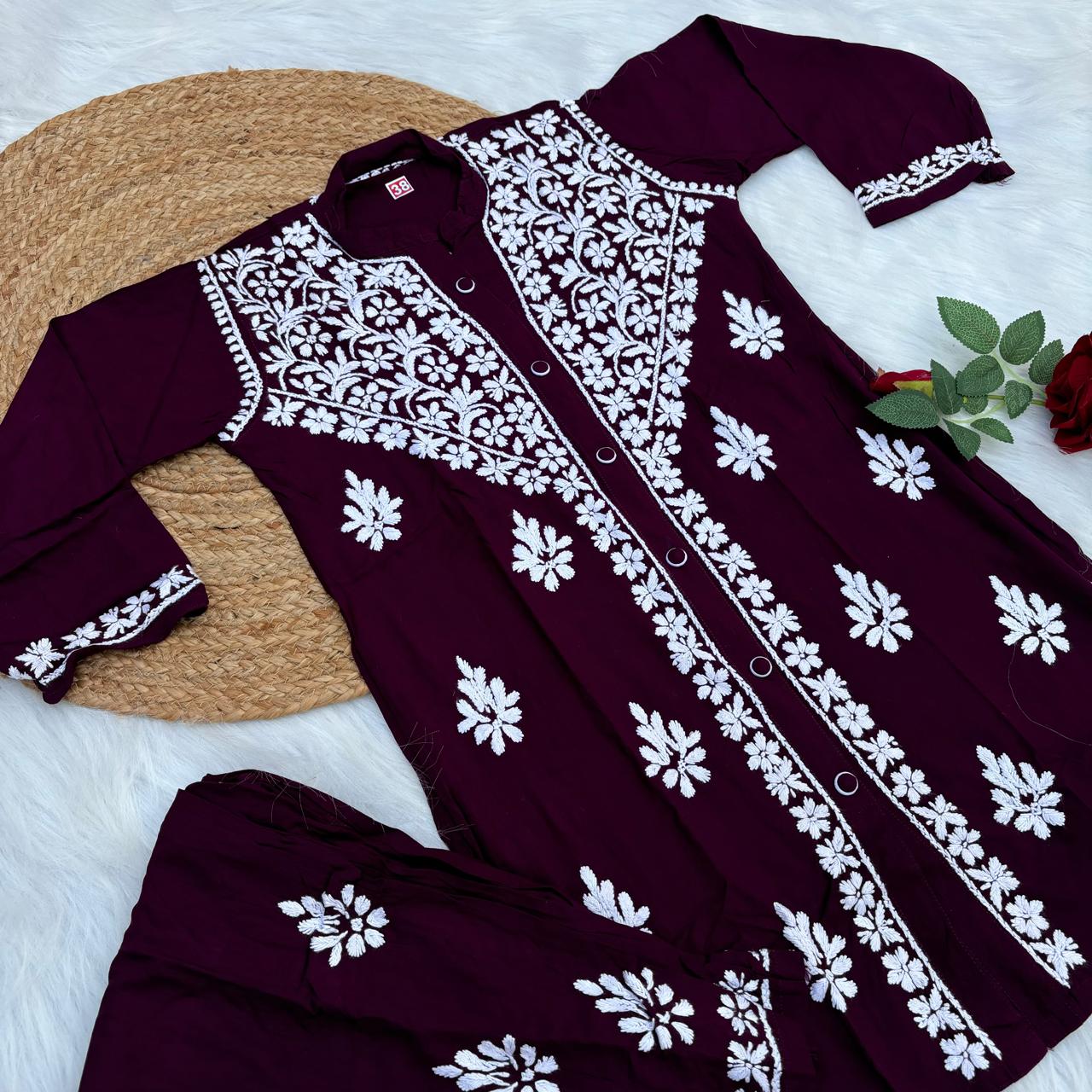 Rihana Rayon Chikankari Short Kurti Plazo Coord Set - Wine colour - Chikankaar