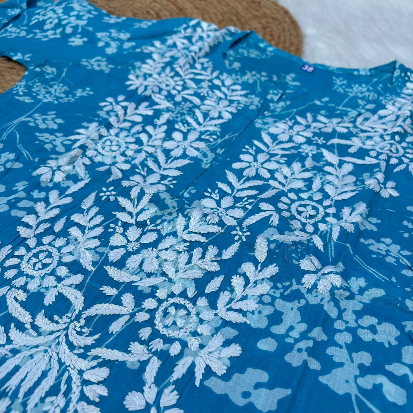 Mahira Sharma Inspired Pure Mulmul Printed Chikankari Handwork Kurti - Blue Colour - Chikankaar