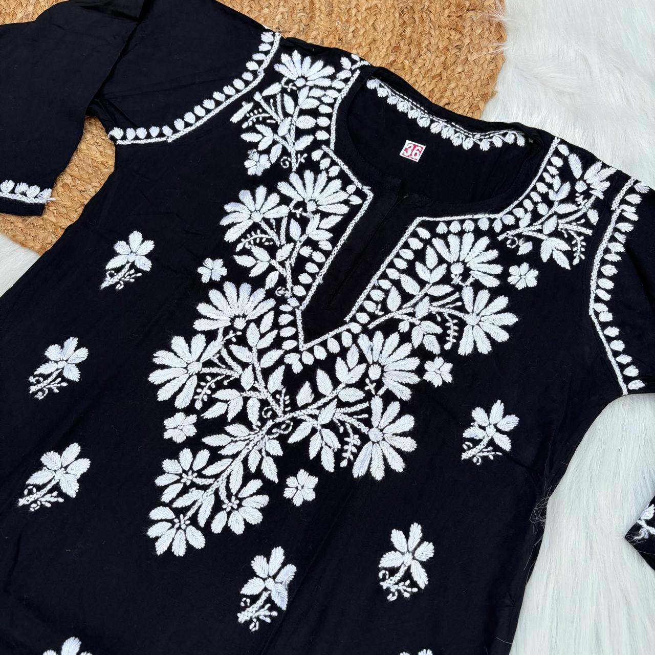 Ina Soft Rayon Chikankari Short Kurti - Black Colour