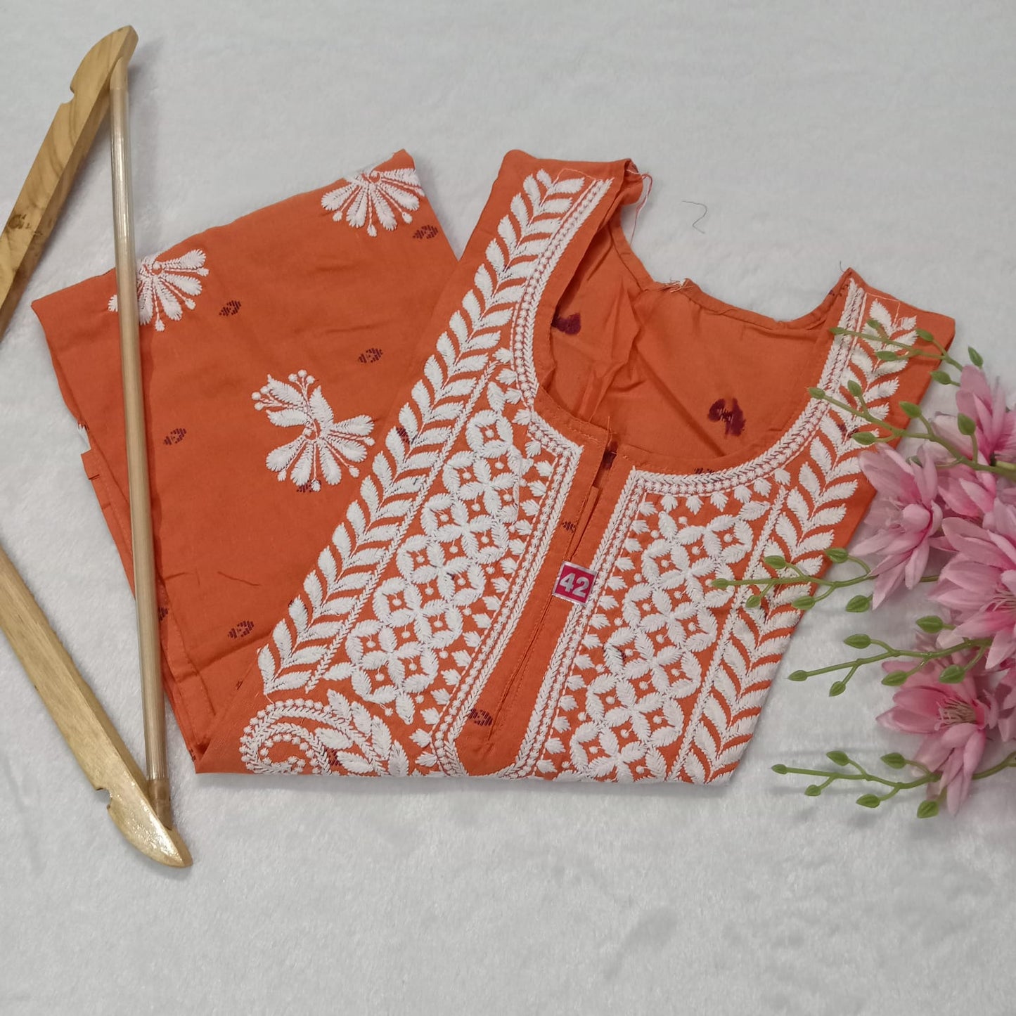 SOFT COTTON PRINTED CHIKANKARI MACHINE WORK KURTI - ORANGE COLOUR - Chikankaar