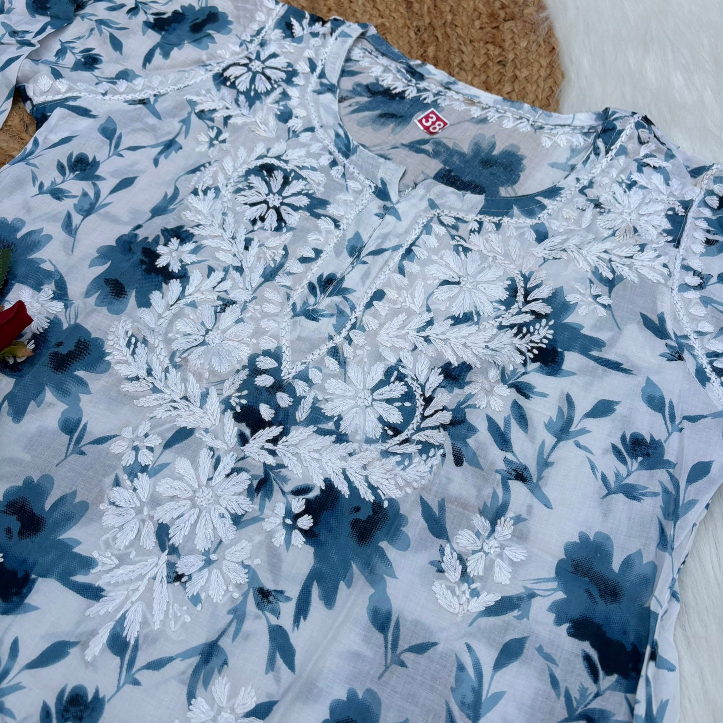 Asma Pure Mulmul Cotton Short Kurti - Blue Colour - Chikankaar