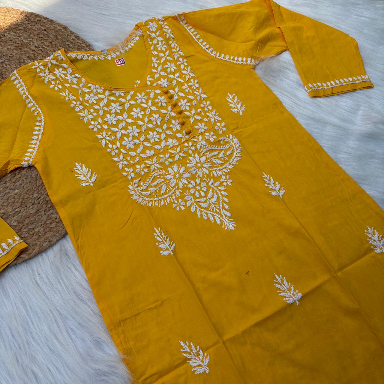 Sabeena Pure Cotton Chikankari Kurti Yellow Colour