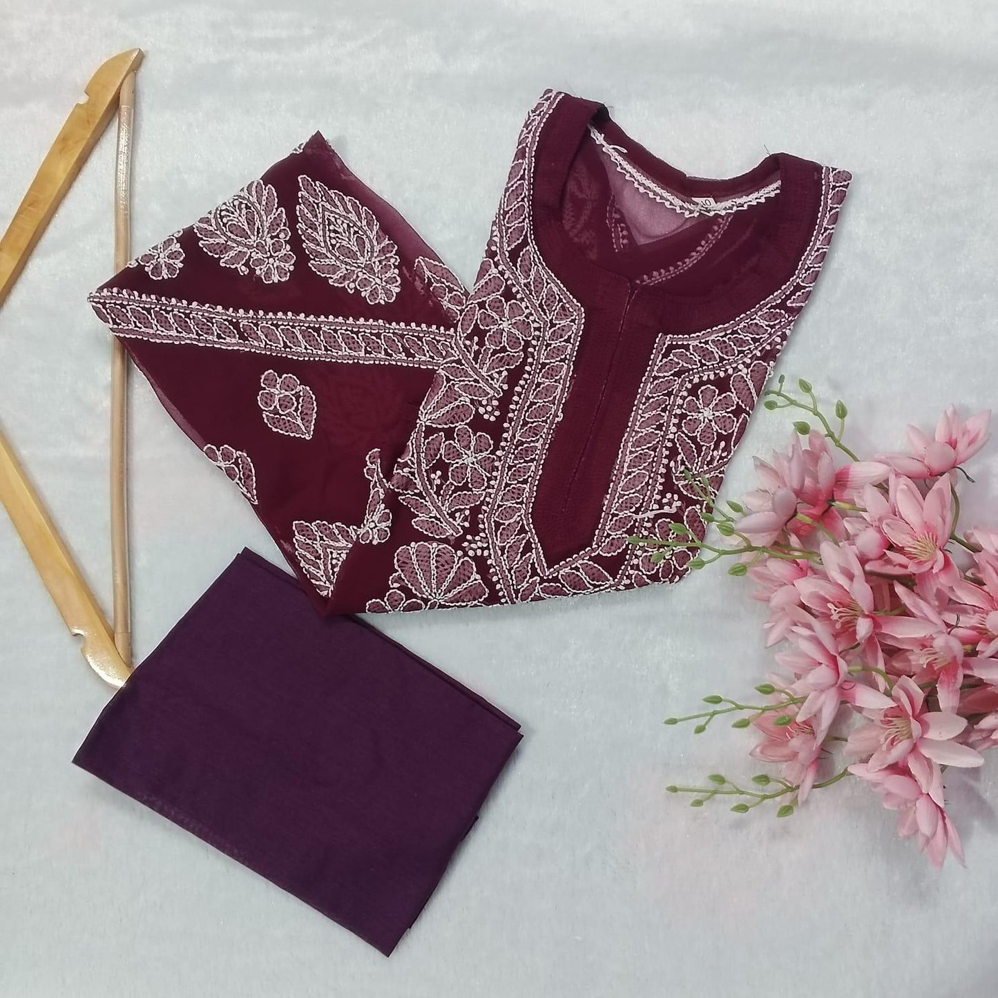 Graceful Georgette Chikankari Cross Panel Kurti With Inner - Wine Colour - Chikankaar