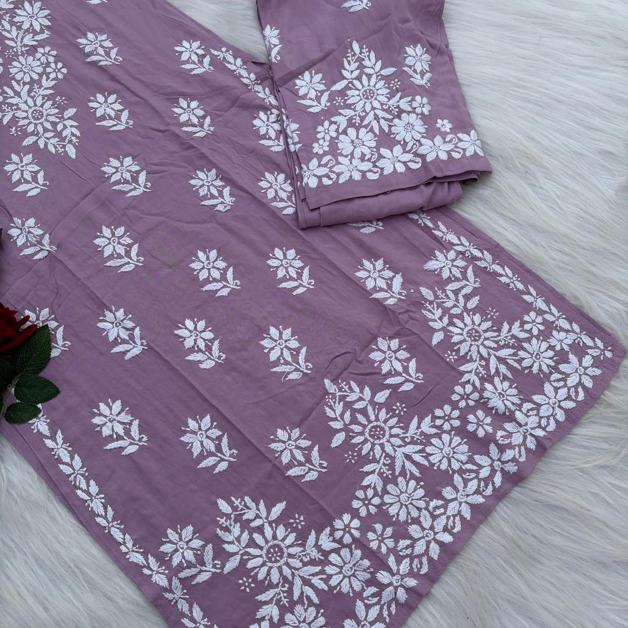 Maya Rayon Chikankari Kurti Plazo Set - Lavender Colour