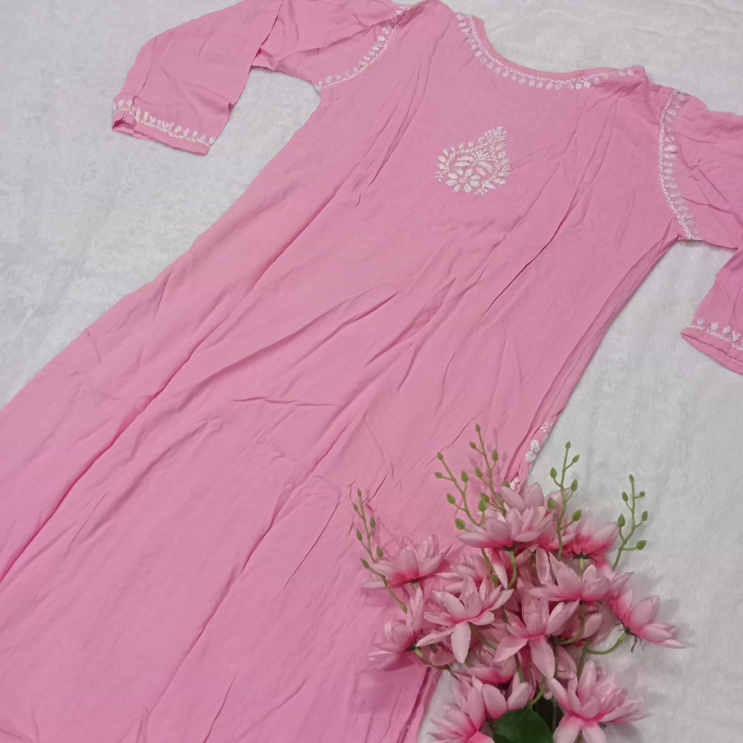 Boat Neck Rayon Chikankari Kurti -Baby Pink - Chikankaar