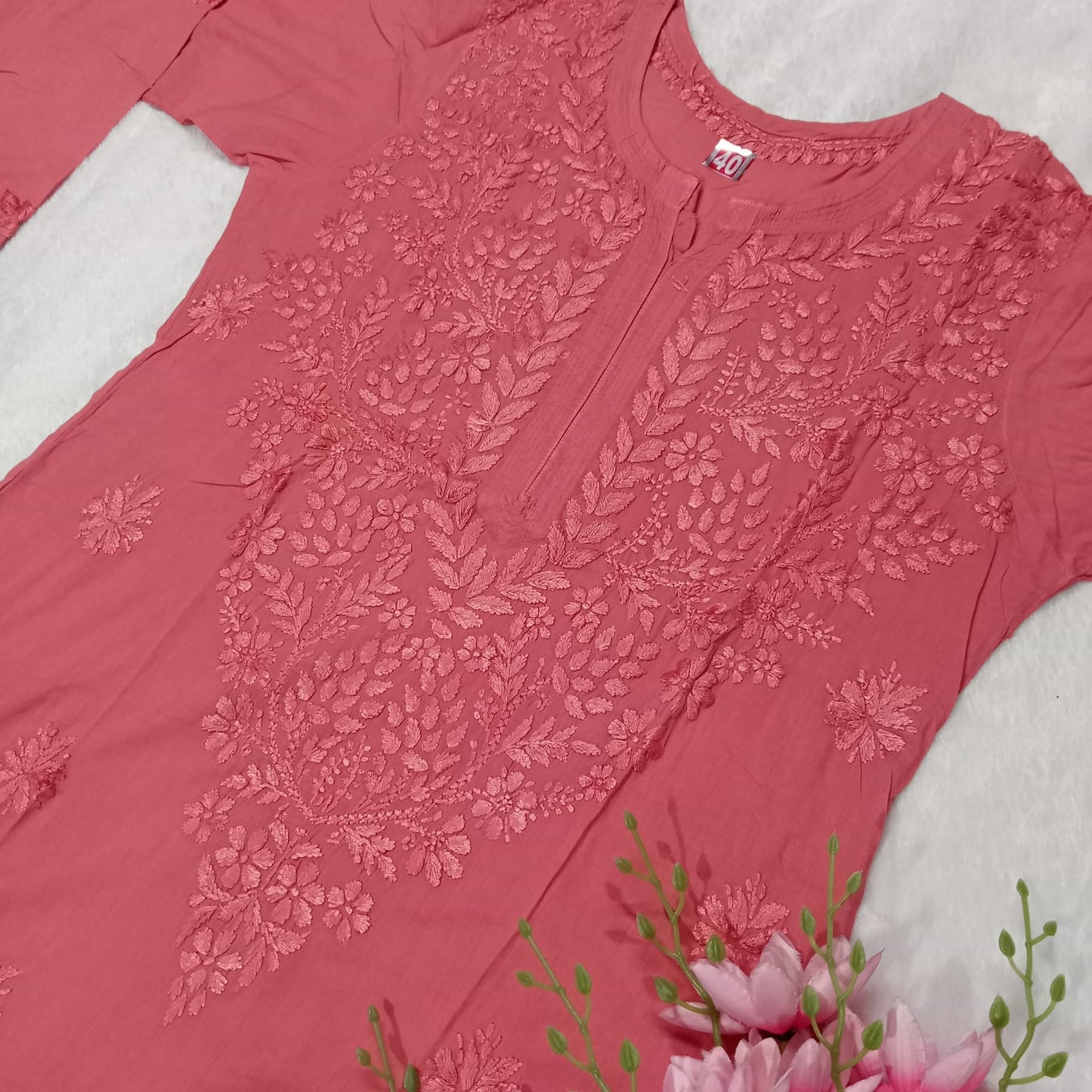 EXCLUSIVE PURE COTTON CHIKANKARI DYED KURTI - GAZRI COLOUR - Chikankaar