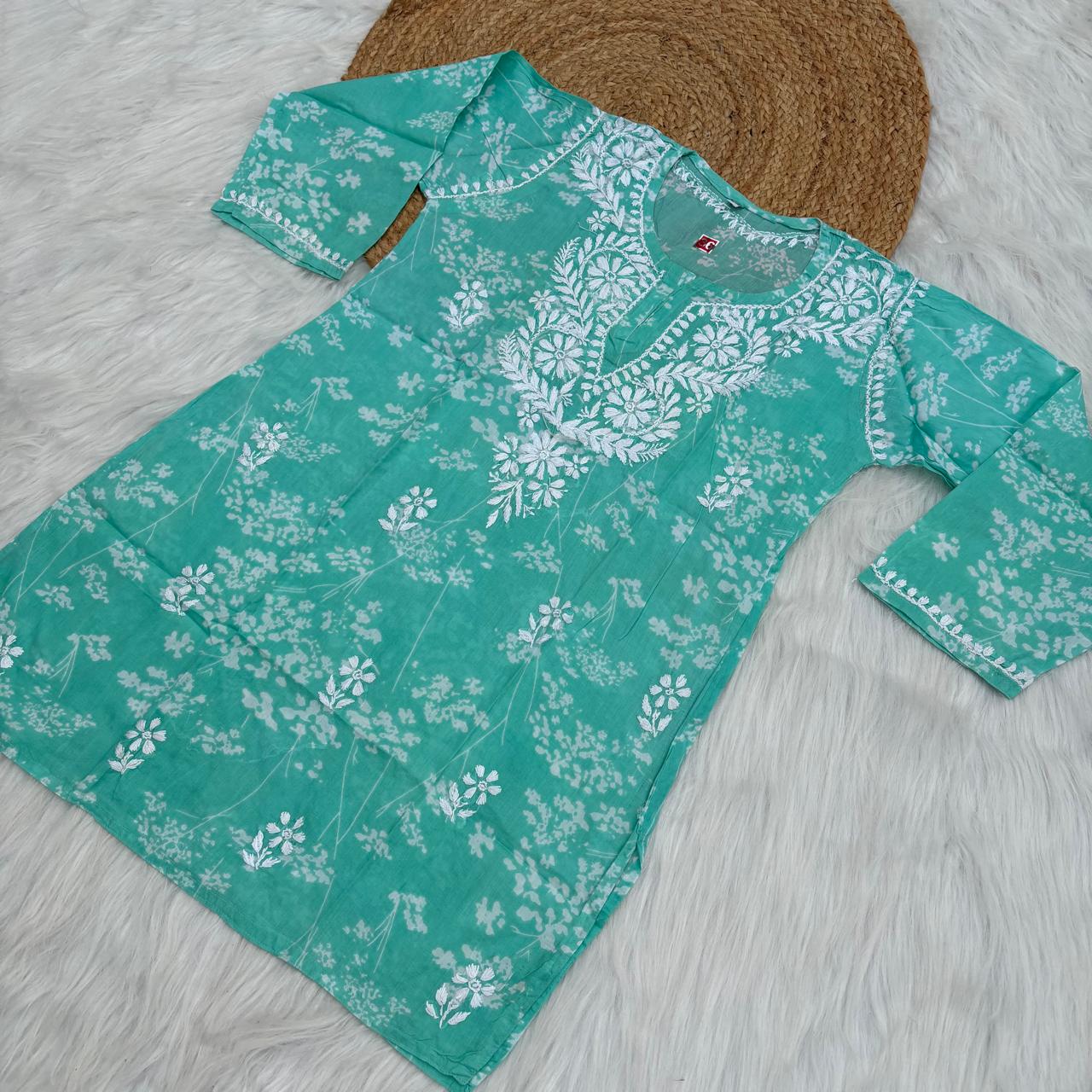 Malika Pure Mulmul Cotton Short Kurti - Sea green Colour