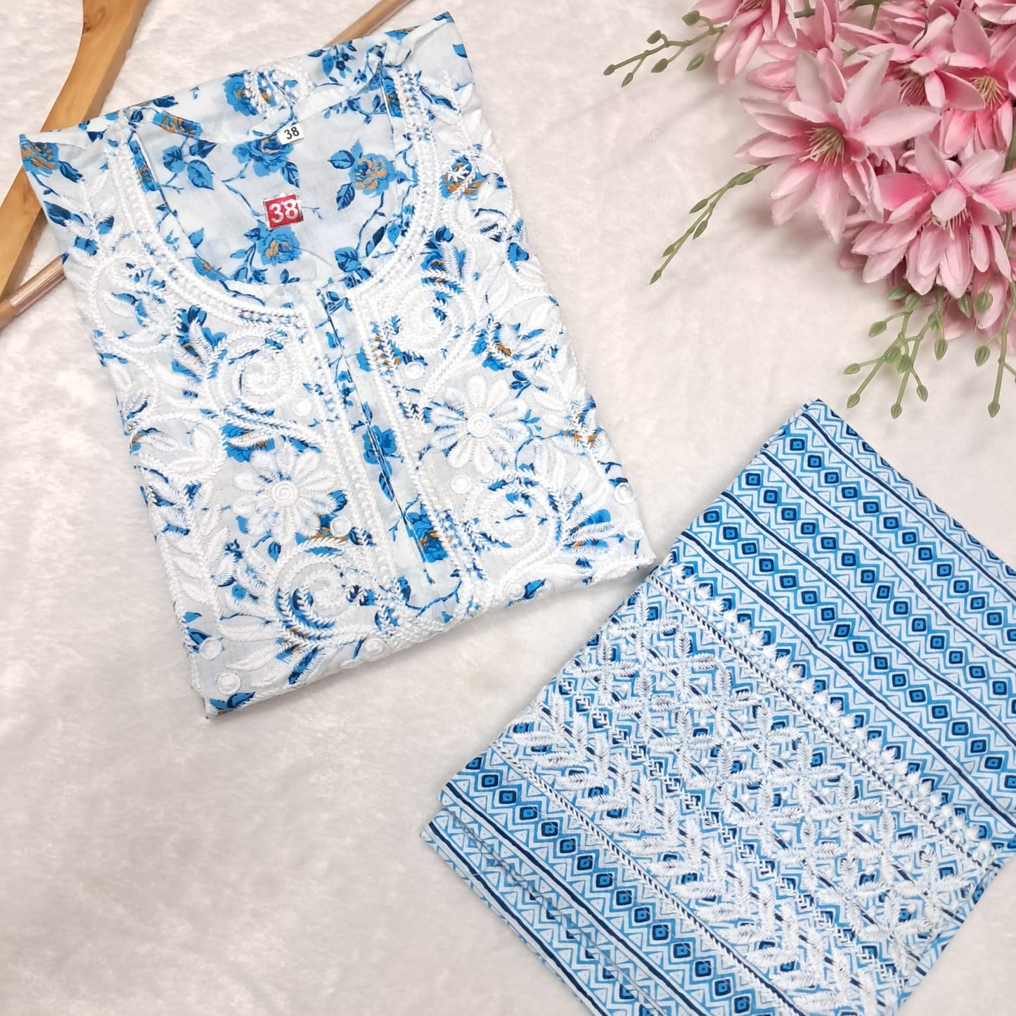 Printed Cotton Chikankari Machine Work Kurti Plazo Set - Sky Blue Colour - Chikankaar