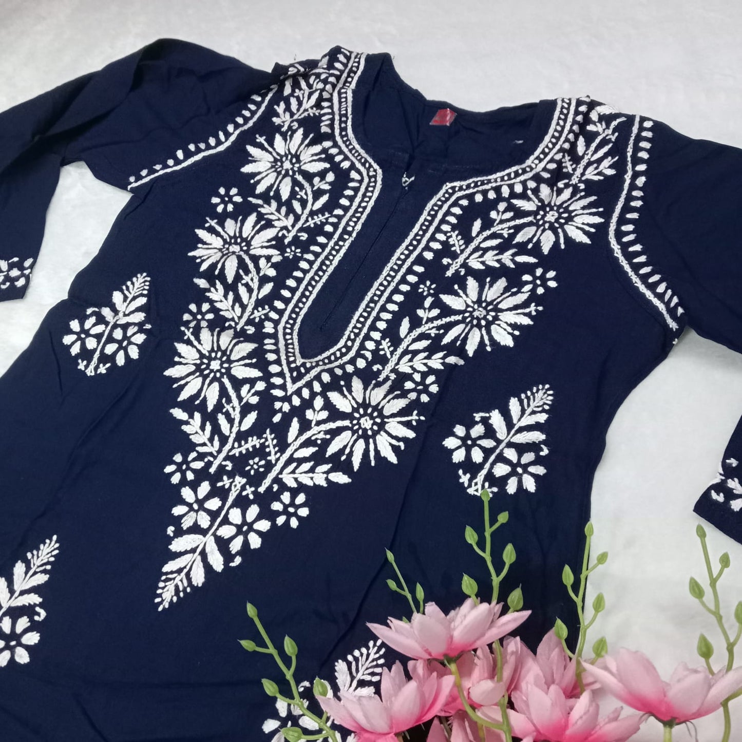 Pure Rayon Chikankari Kurti - Blue Colour - Chikankaar