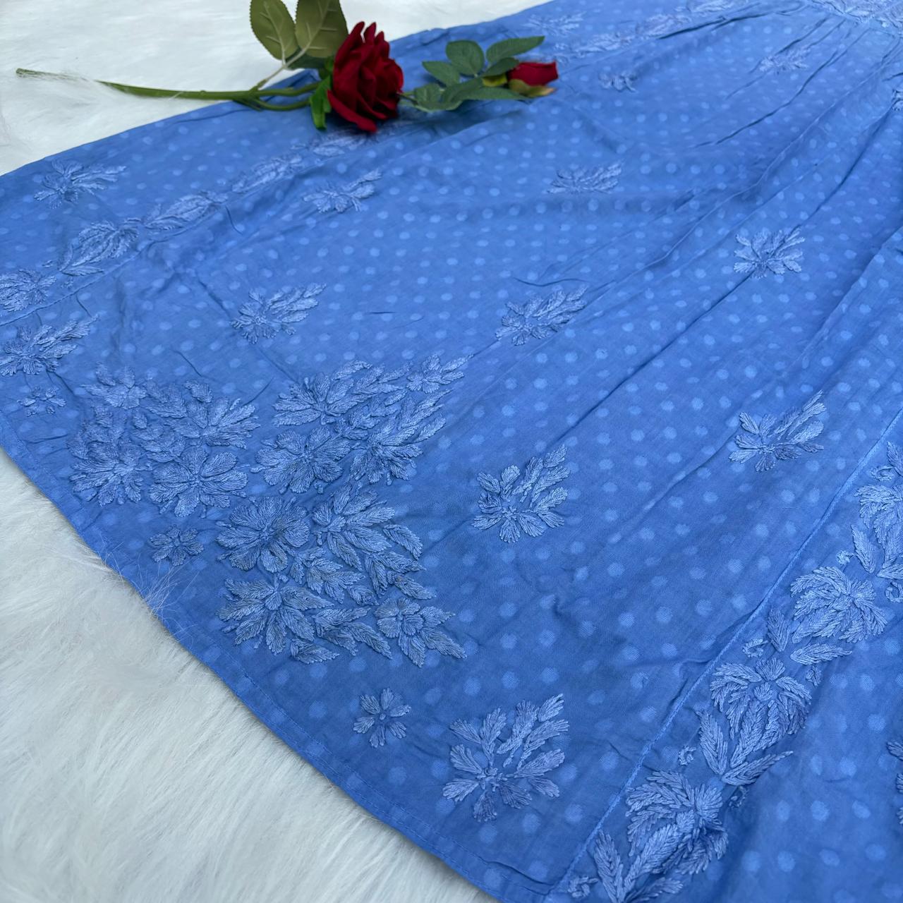 Aliya Dobby Cotton Nyra Cut Chikankari Aline Kurti - Ocean Blue - Chikankaar