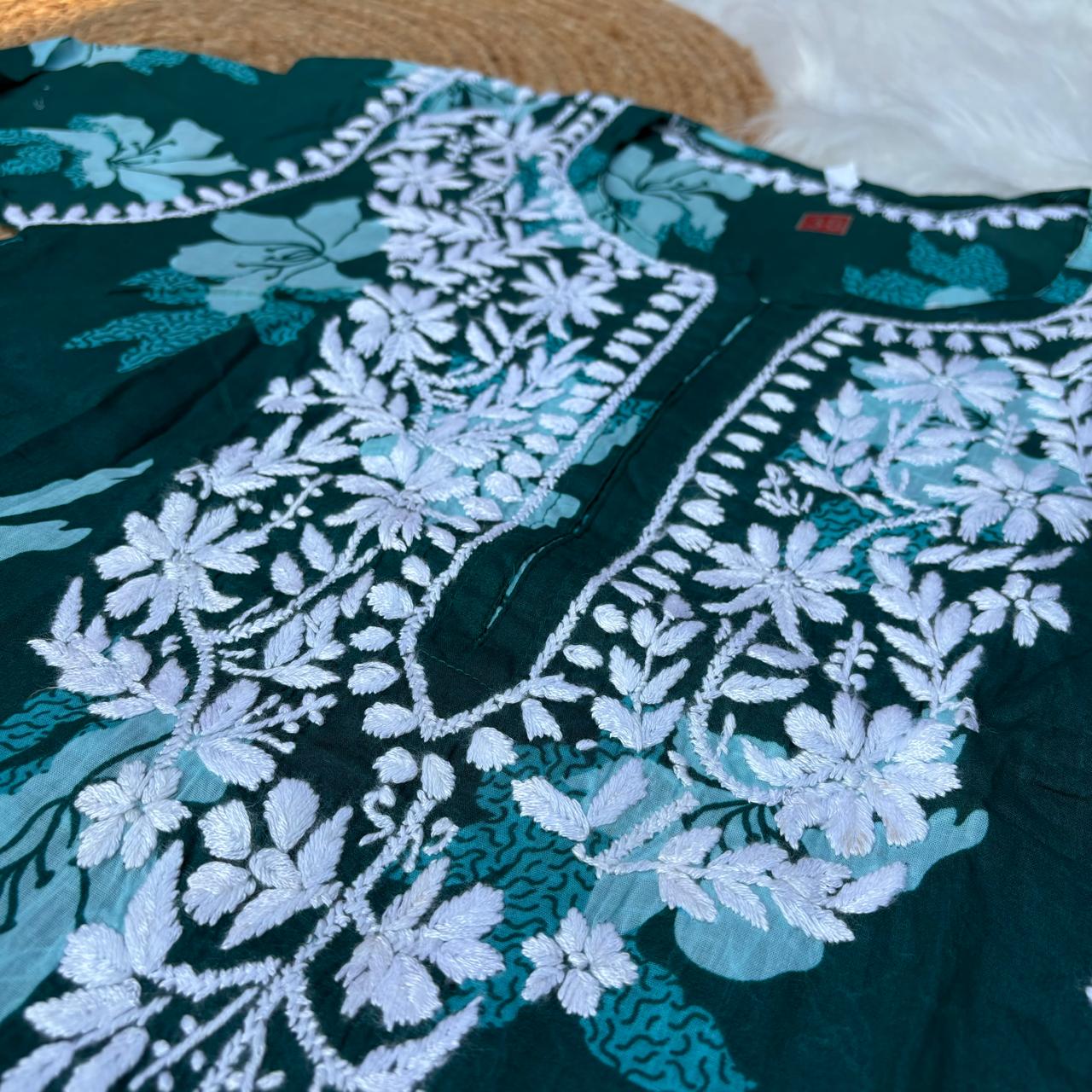 Suhana Khan Inspired Pure Mulmul Chikankari Kurti- Dark Green Colour - Chikankaar