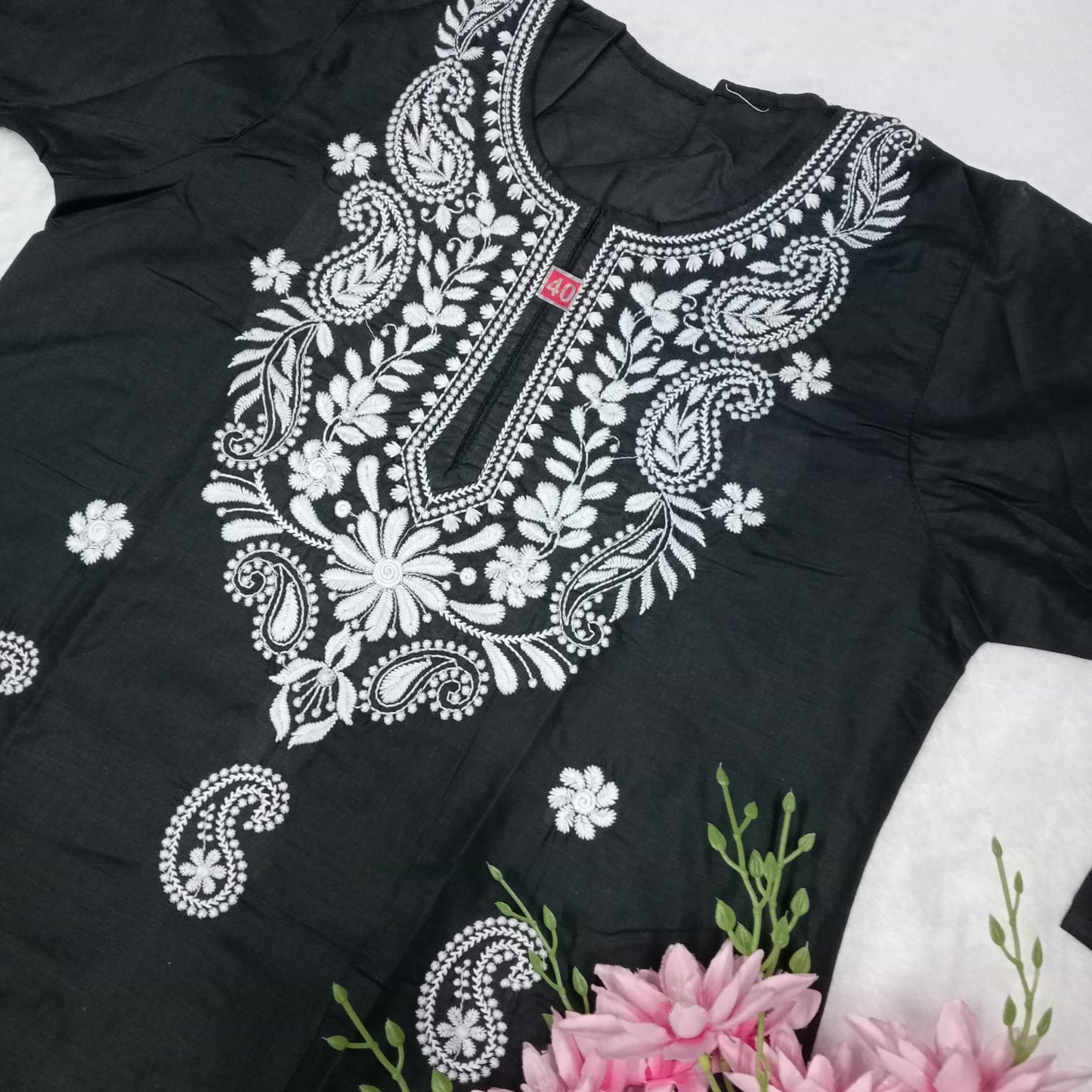 Cotton Machine Work Chikankari Kurti - Black Colour - Chikankaar