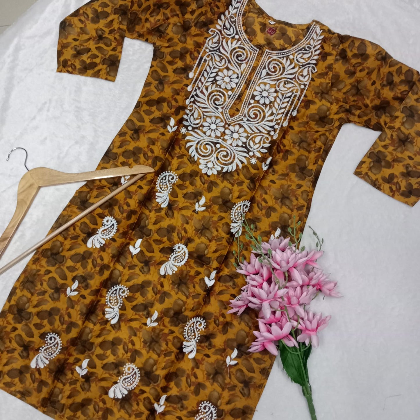Cotton Silk Chikankari Machine Work Kurti - Mustard Colour - Chikankaar