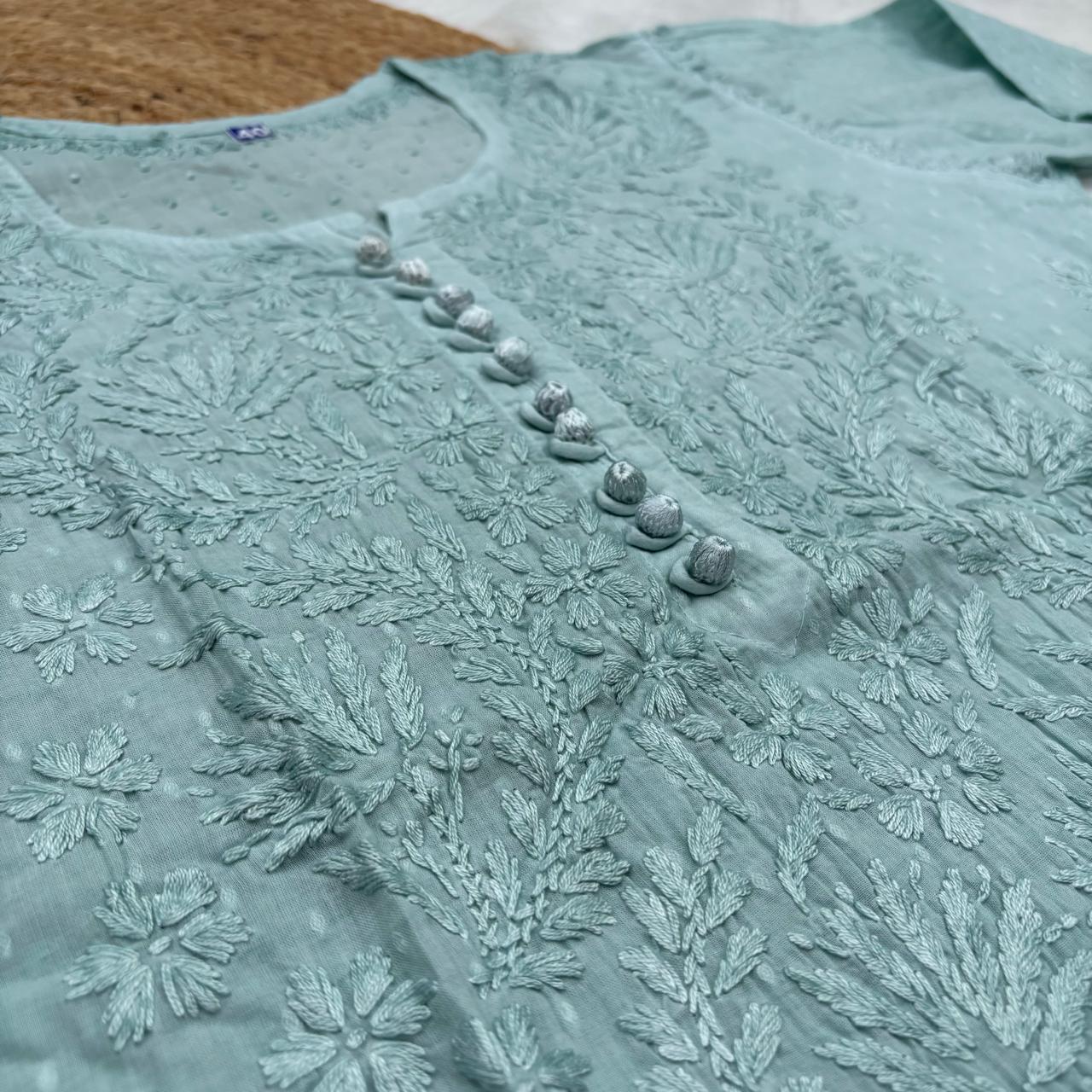 Farah Ombre Shaded Dobby Cotton Chikankari Kurti - Pista green colour