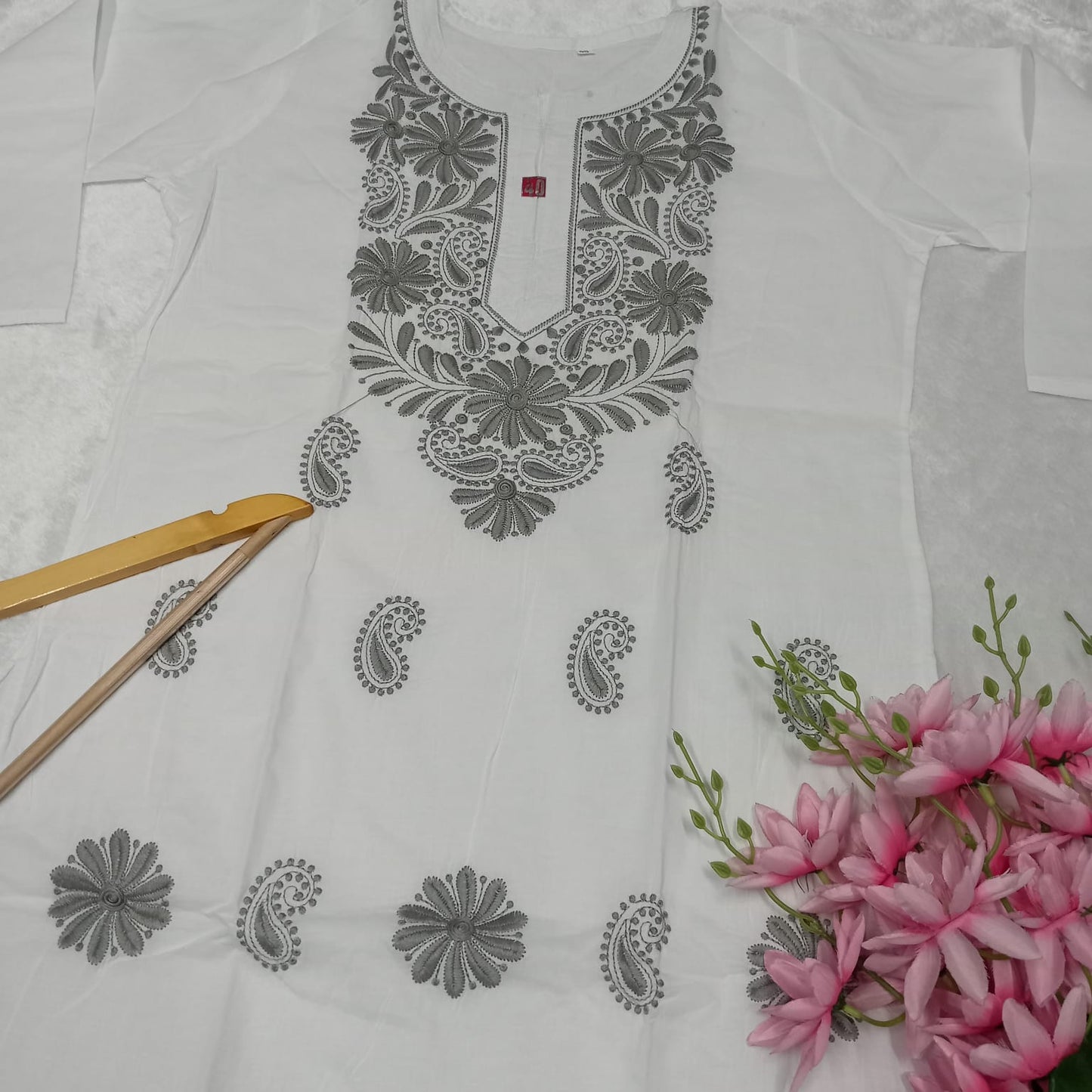 Pure Cotton Chikankari Machine Work Kurti - White Grey Colour - Chikankaar