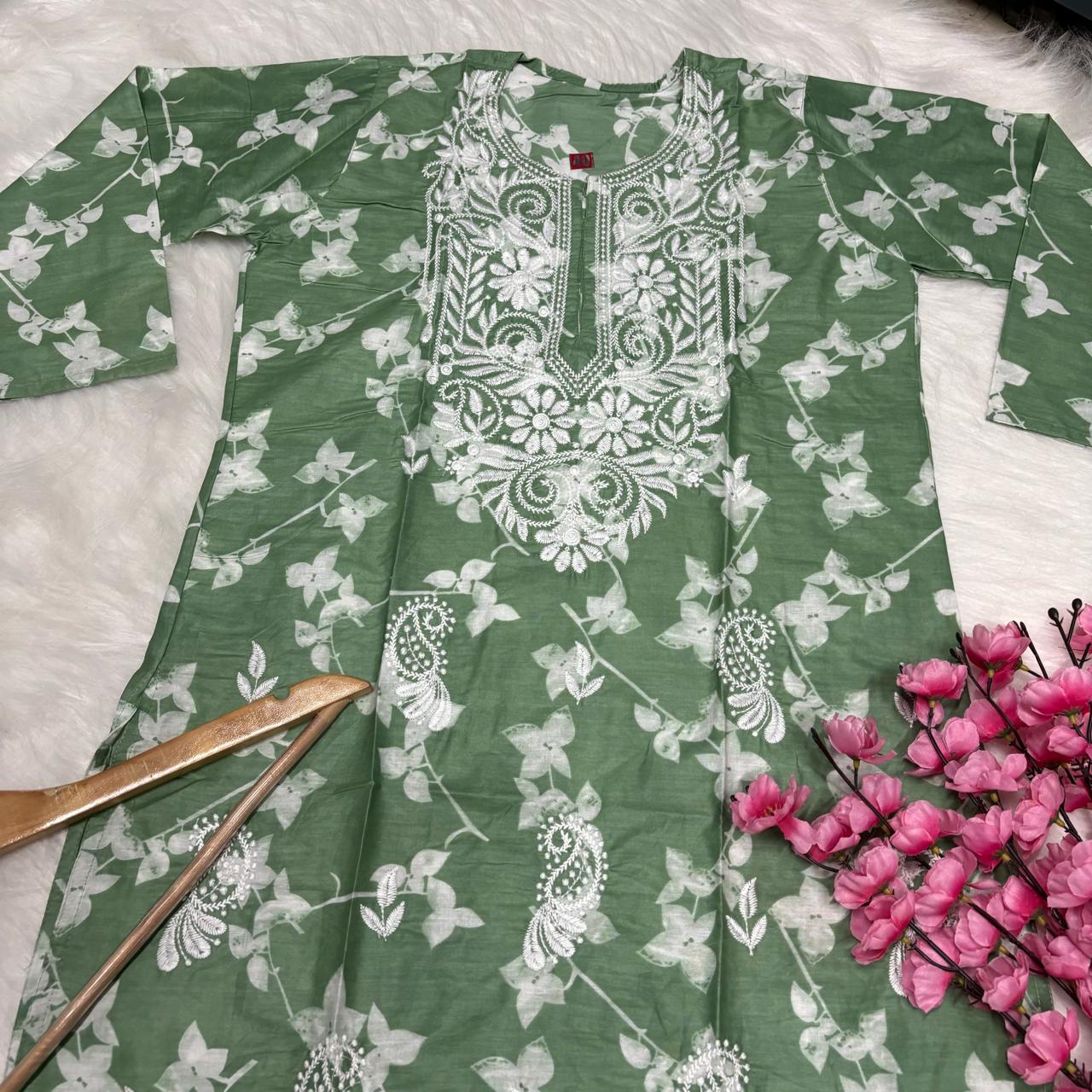Mulmul Cotton Chikankari Machine Work Kurti - Dark Green Colour - Chikankaar